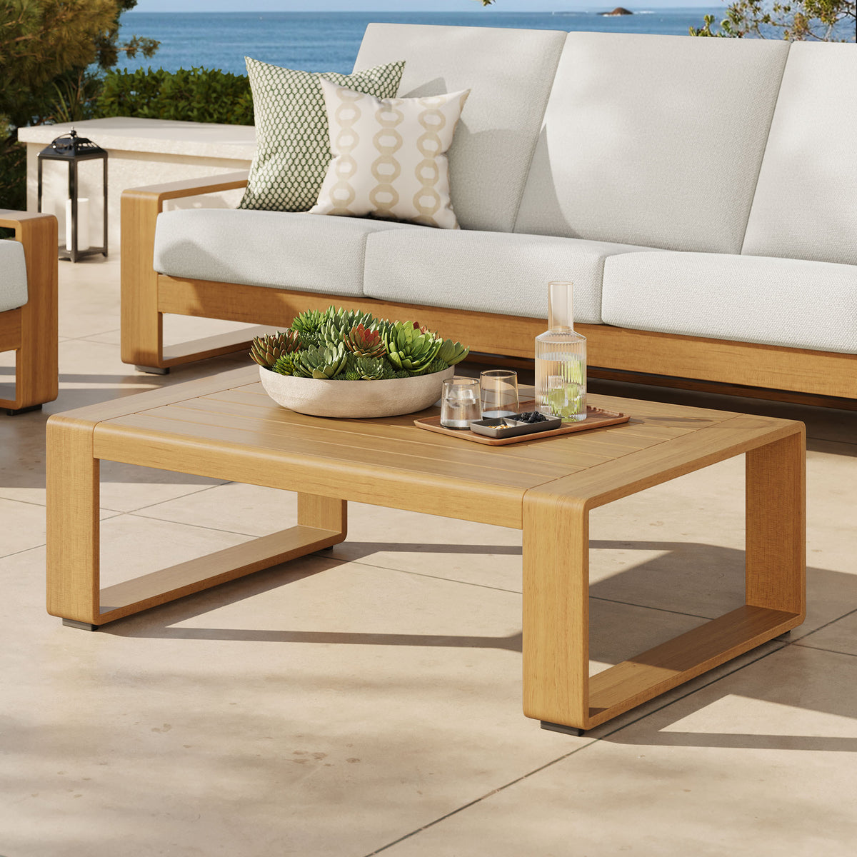 Lirienne Outdoor Patio Aluminum Faux Wood Coffee Table - Natural