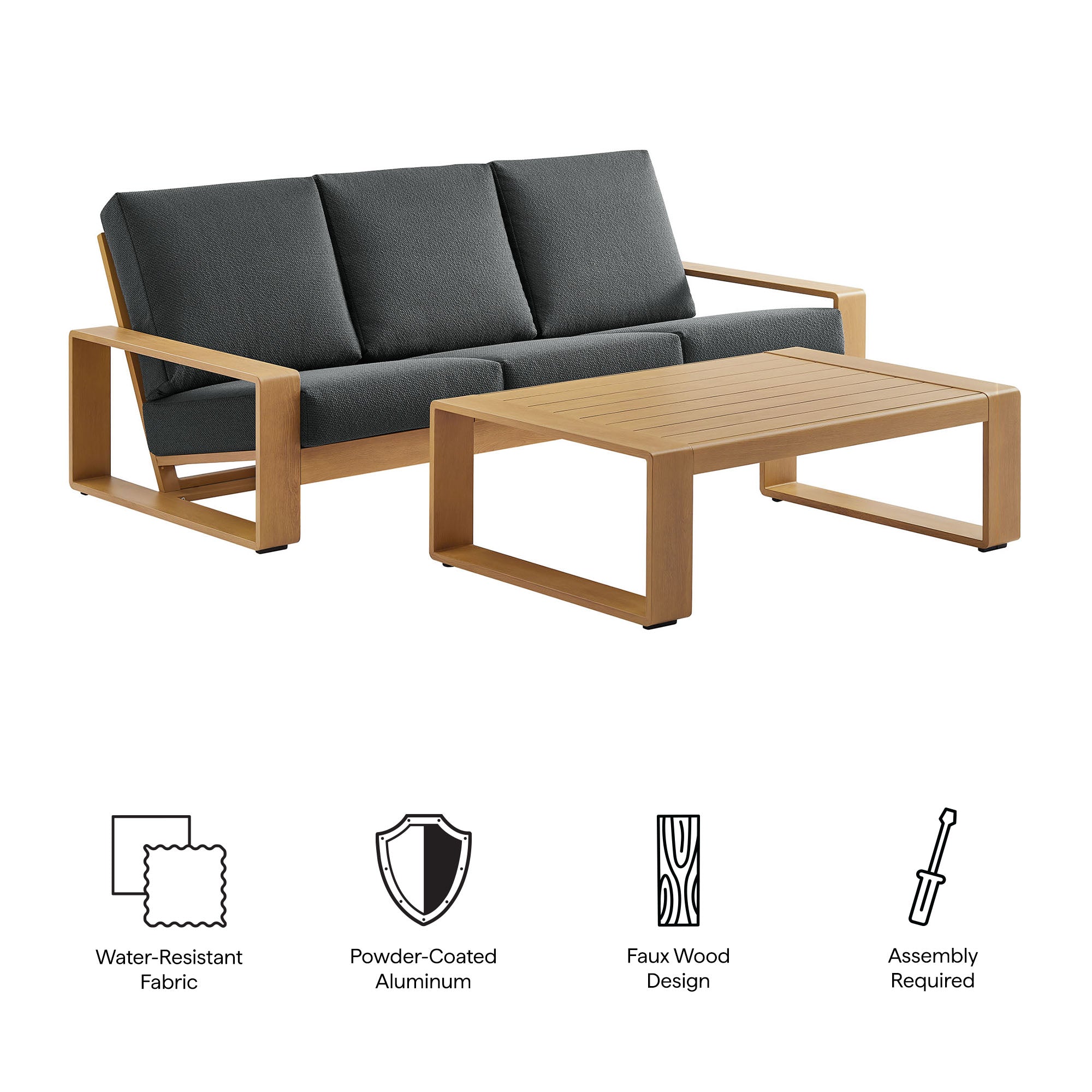 Lirienne 2-Piece Outdoor Patio Aluminum Faux Wood Furniture Set - Charcoal Natural