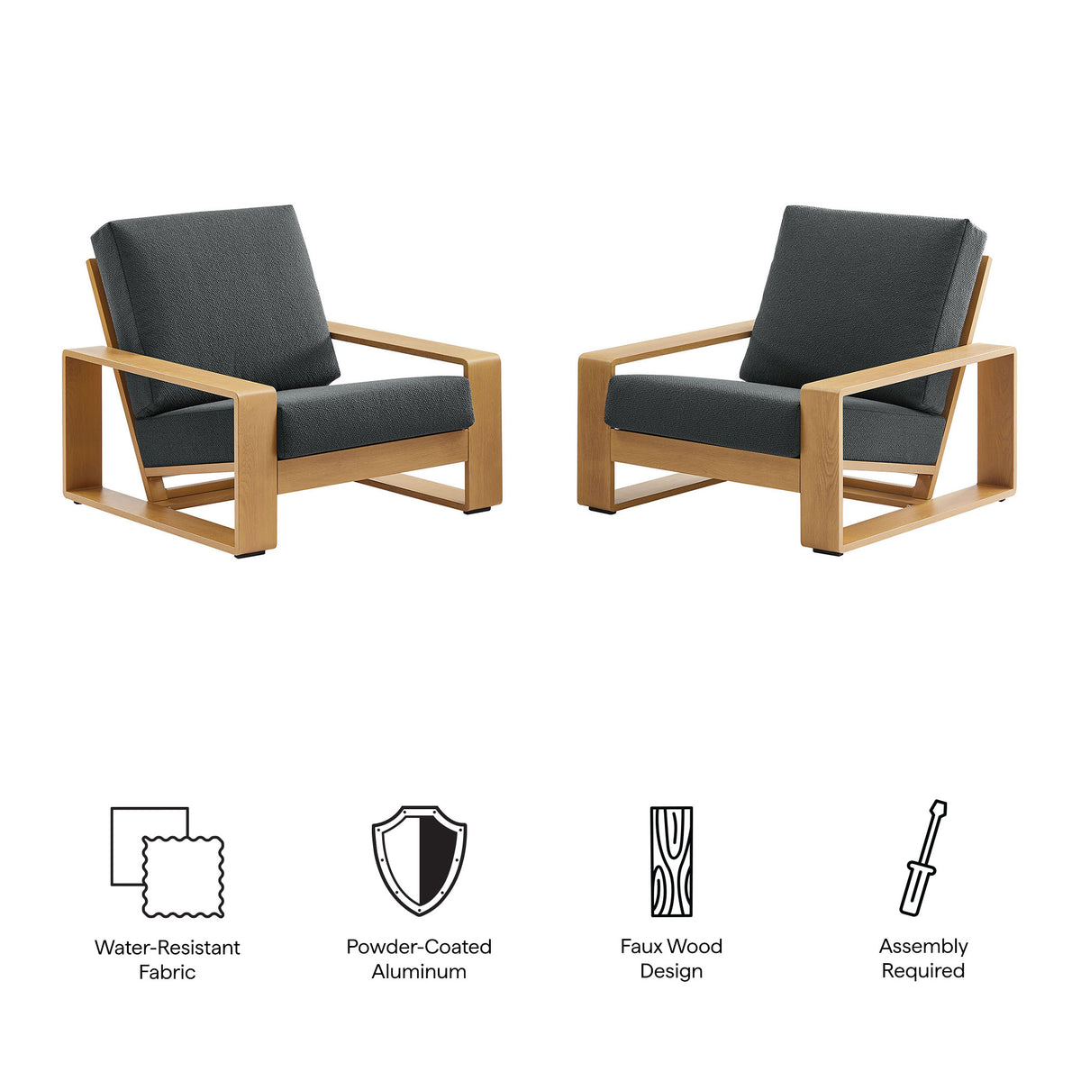 Lirienne Outdoor Patio Aluminum Faux Wood Armchairs Set of 2 - Charcoal Natural