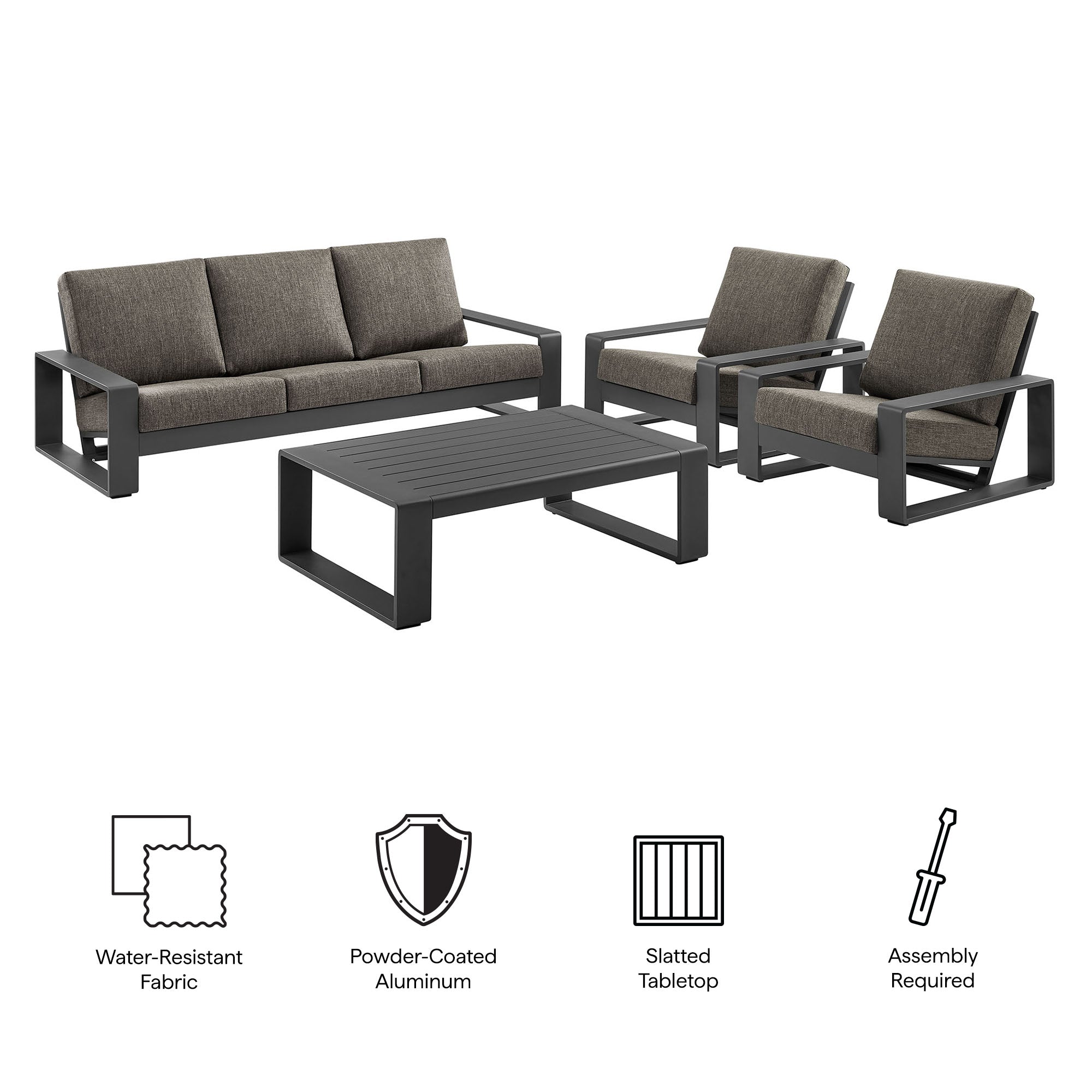 Lirienne 4-Piece Outdoor Patio Aluminum Furniture Set - Smoke (2 Armchairs, Sofa, Coffee Table)