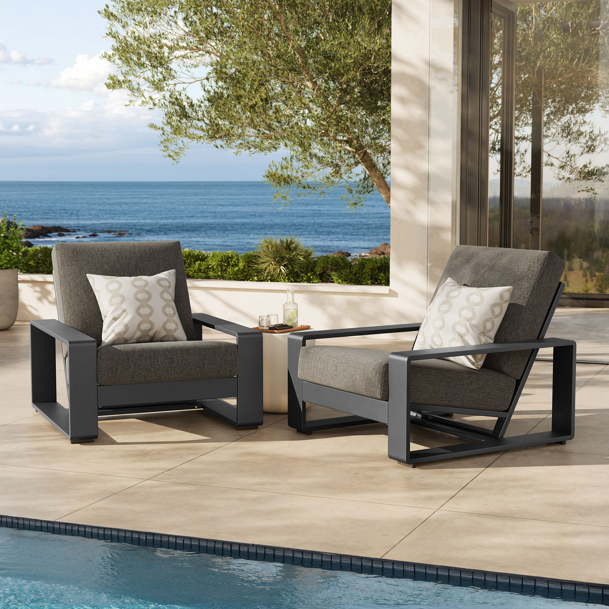 Lirienne Outdoor Patio Aluminum Faux Wood Armchairs Set of 2 - Smoke