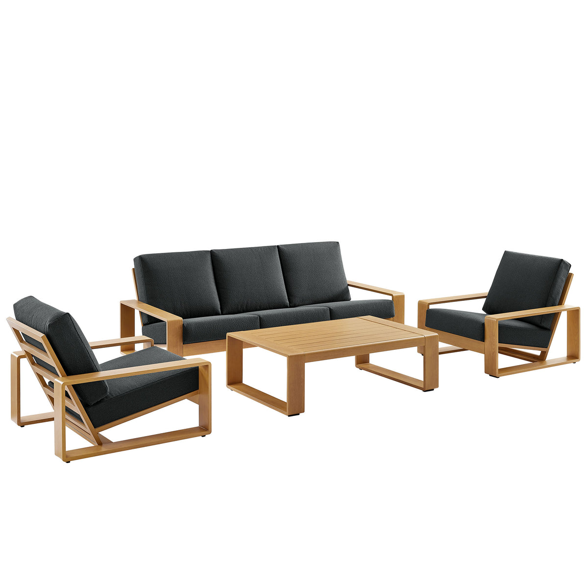 Lirienne 4-Piece Outdoor Patio Aluminum Faux Wood Furniture Set - Charcoal Natural (2 Armchairs, Sofa, Coffee Table)