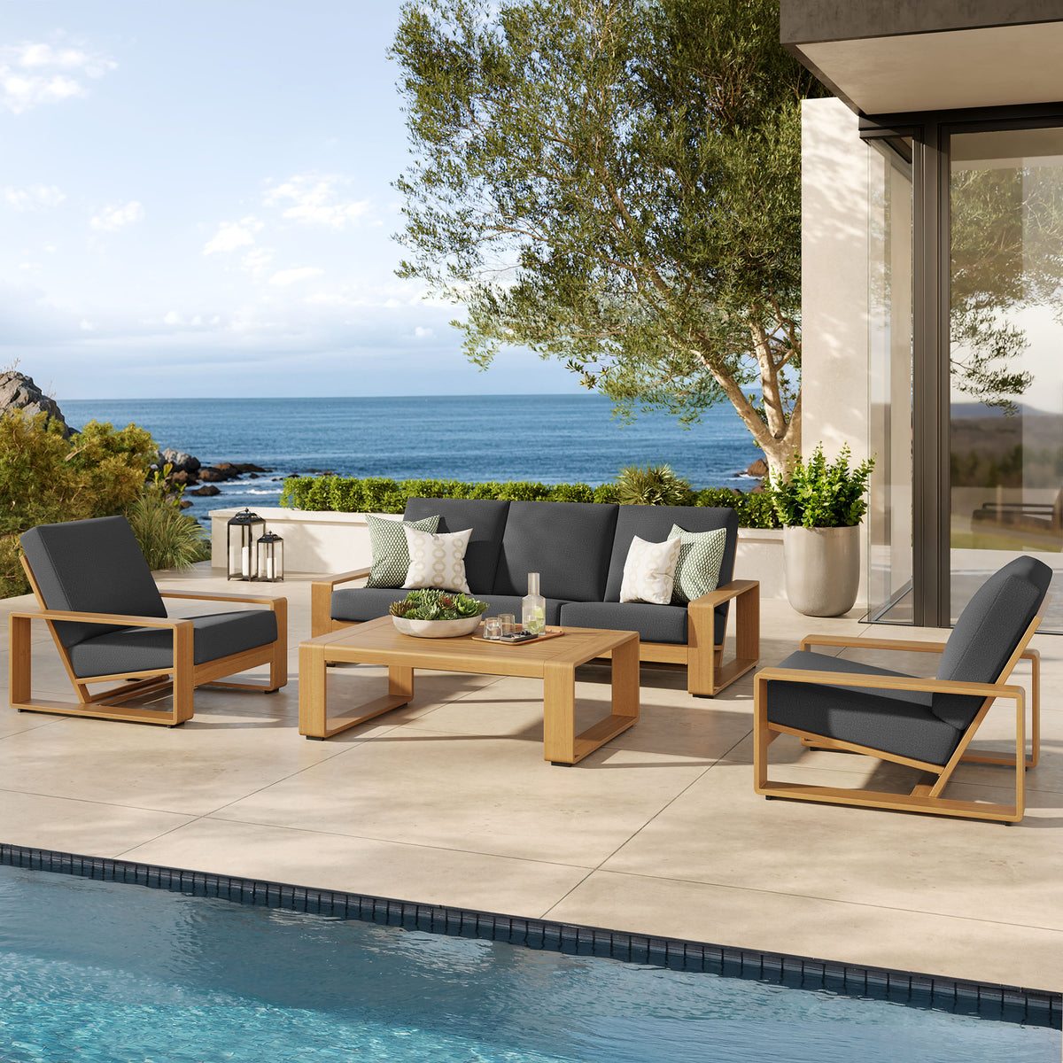 Lirienne 4-Piece Outdoor Patio Aluminum Faux Wood Furniture Set - Charcoal Natural (2 Armchairs, Sofa, Coffee Table)