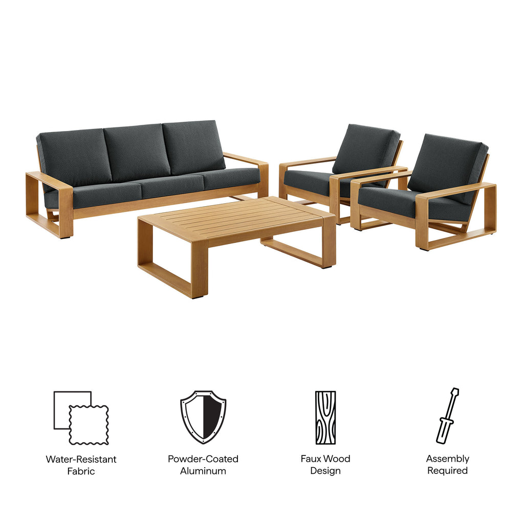 Lirienne 4-Piece Outdoor Patio Aluminum Faux Wood Furniture Set - Charcoal Natural (2 Armchairs, Sofa, Coffee Table)