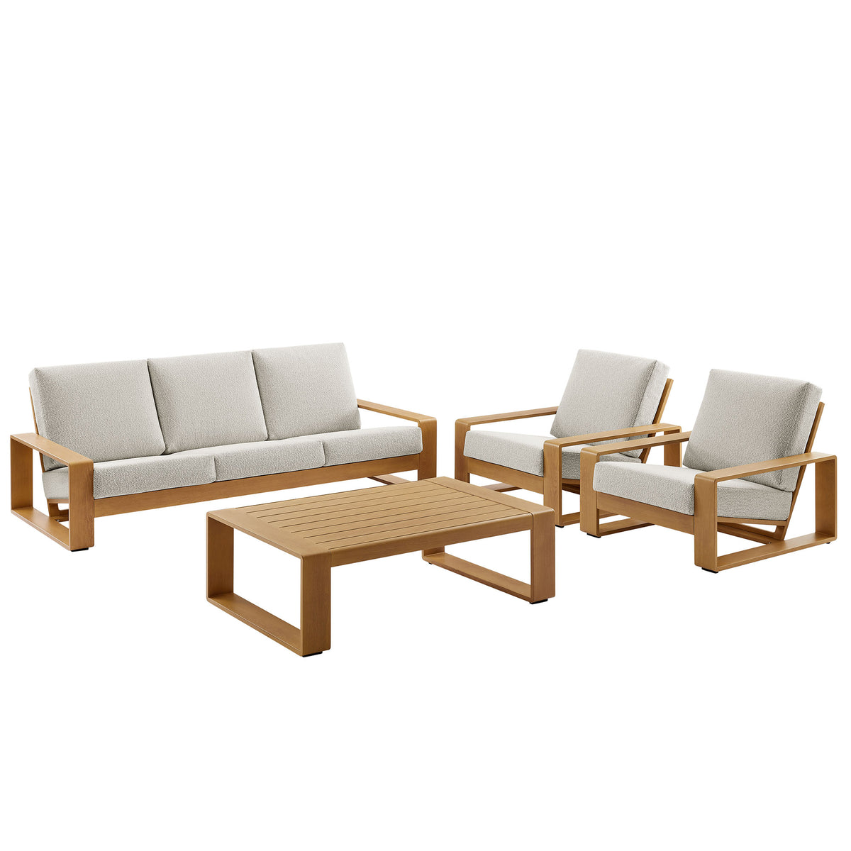 Lirienne 4-Piece Outdoor Patio Aluminum Faux Wood Furniture Set - Ivory Natural (2 Armchairs, Sofa, Coffee Table)
