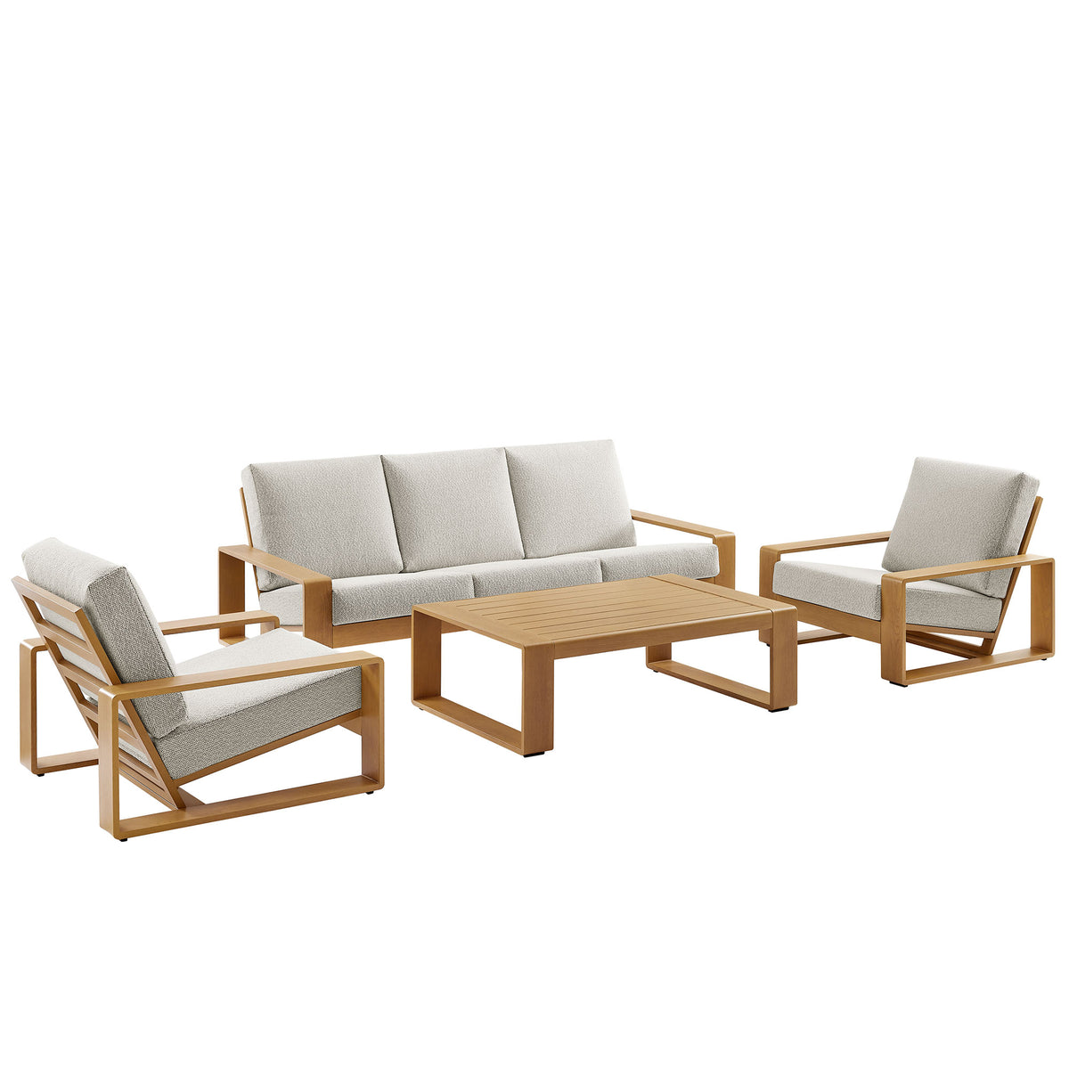 Lirienne 4-Piece Outdoor Patio Aluminum Faux Wood Furniture Set - Ivory Natural (2 Armchairs, Sofa, Coffee Table)