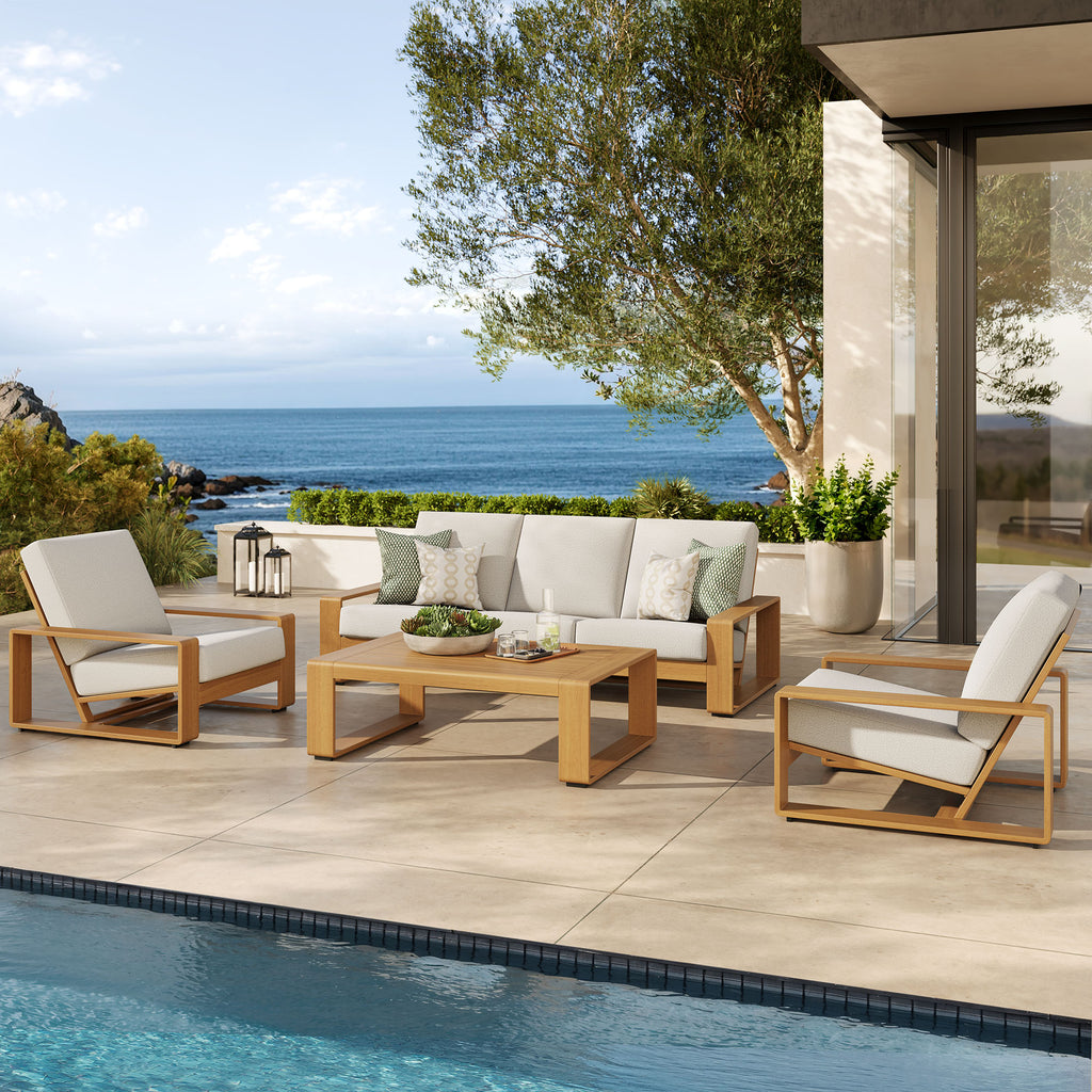 Lirienne 4-Piece Outdoor Patio Aluminum Faux Wood Furniture Set - Ivory Natural (2 Armchairs, Sofa, Coffee Table)