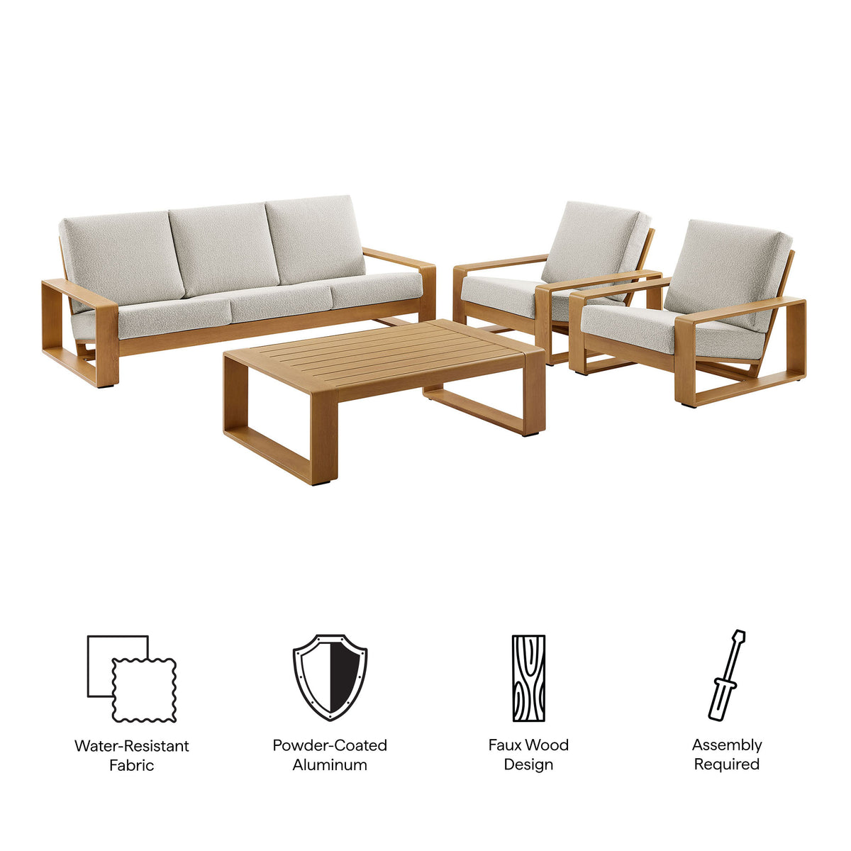 Lirienne 4-Piece Outdoor Patio Aluminum Faux Wood Furniture Set - Ivory Natural (2 Armchairs, Sofa, Coffee Table)