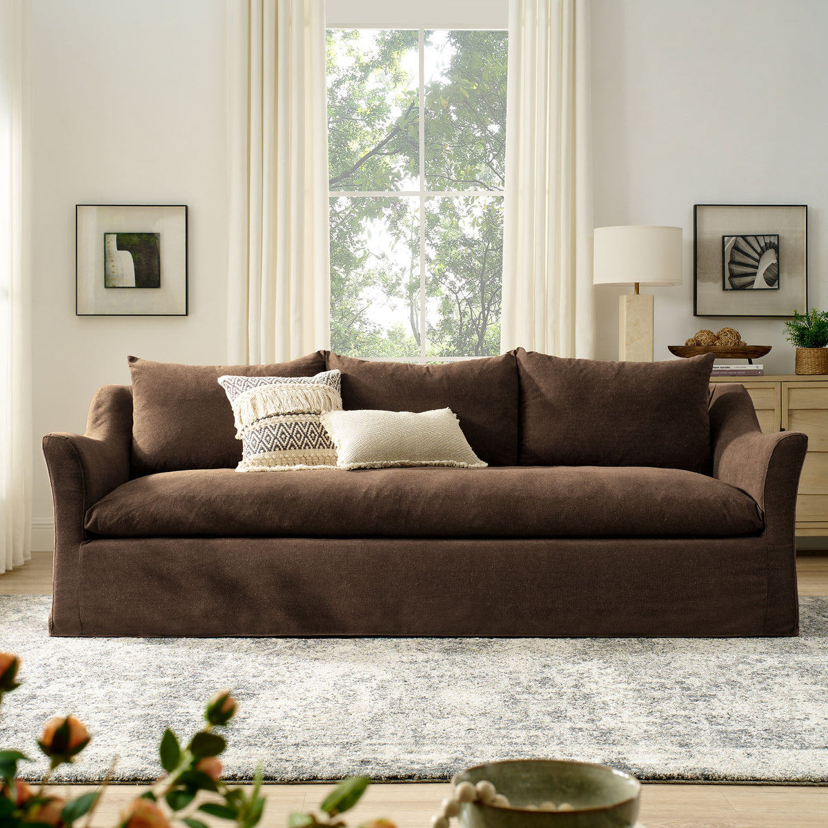 Somerset 92" Linen Blend Slipcovered Sofa - Cocoa