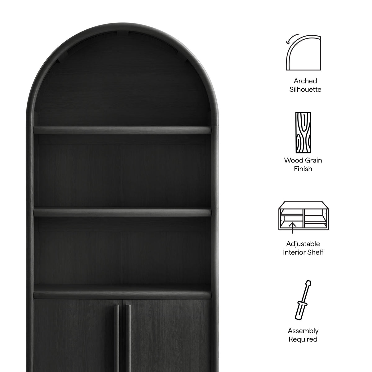 Bellamy Tall Arched Display Cabinet Bookcase - Black Oak