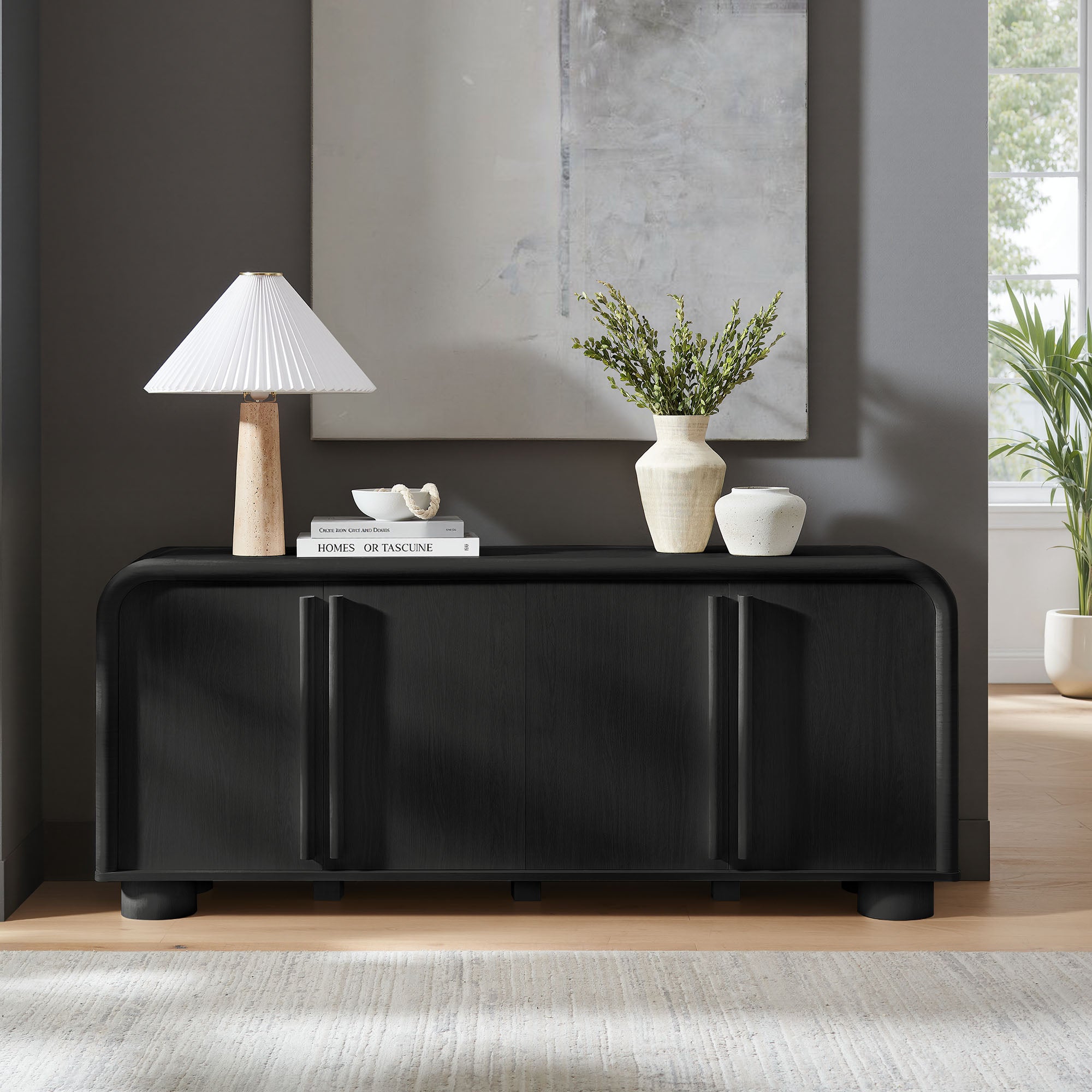 Bellamy Curved 4-Door Sideboard Cabinet - Black Oak