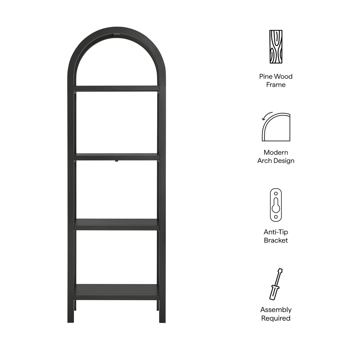 Vexley 72 Inch Tall Narrow Arched Bookshelf - Black
