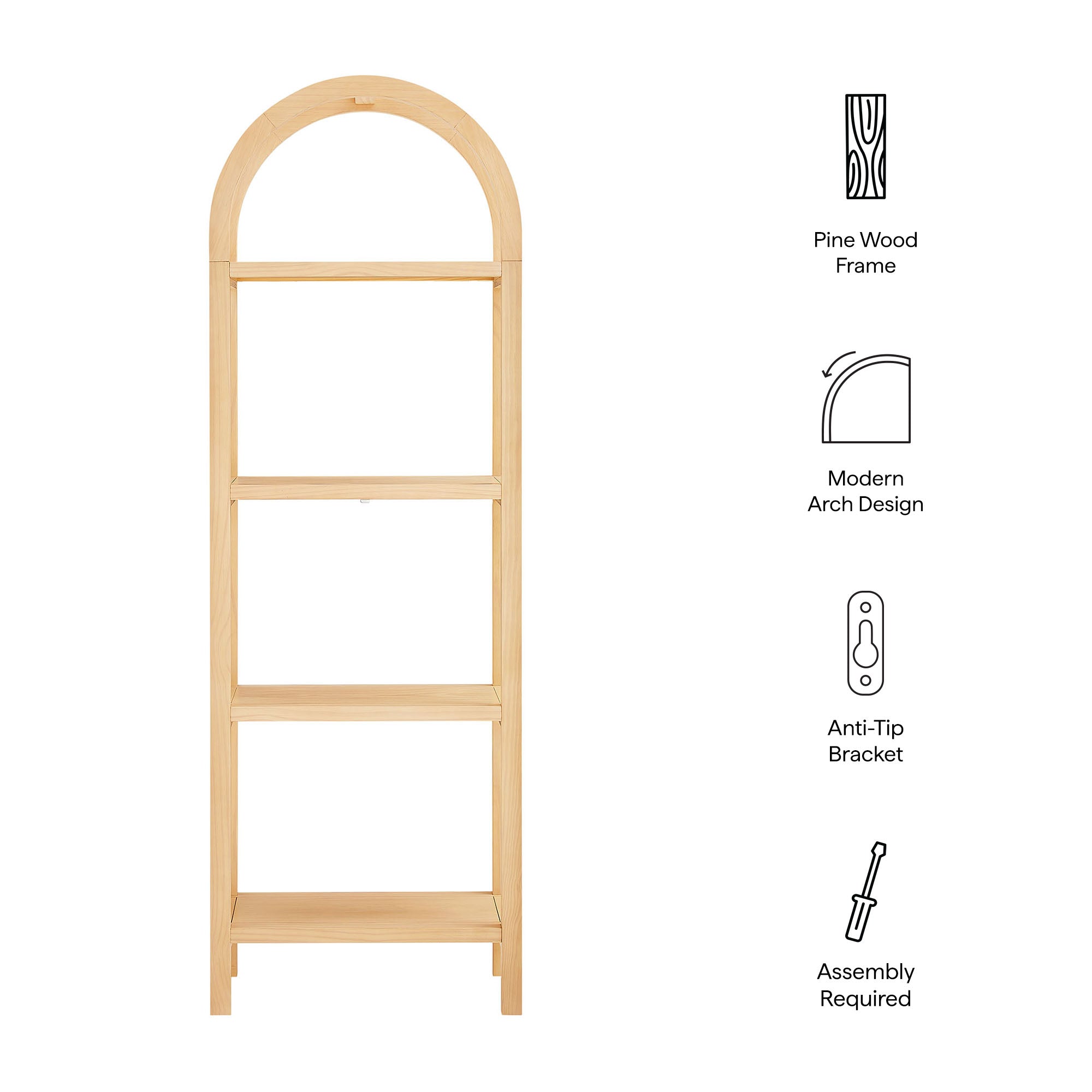 Vexley 72 Inch Tall Narrow Arched Bookshelf - Natural