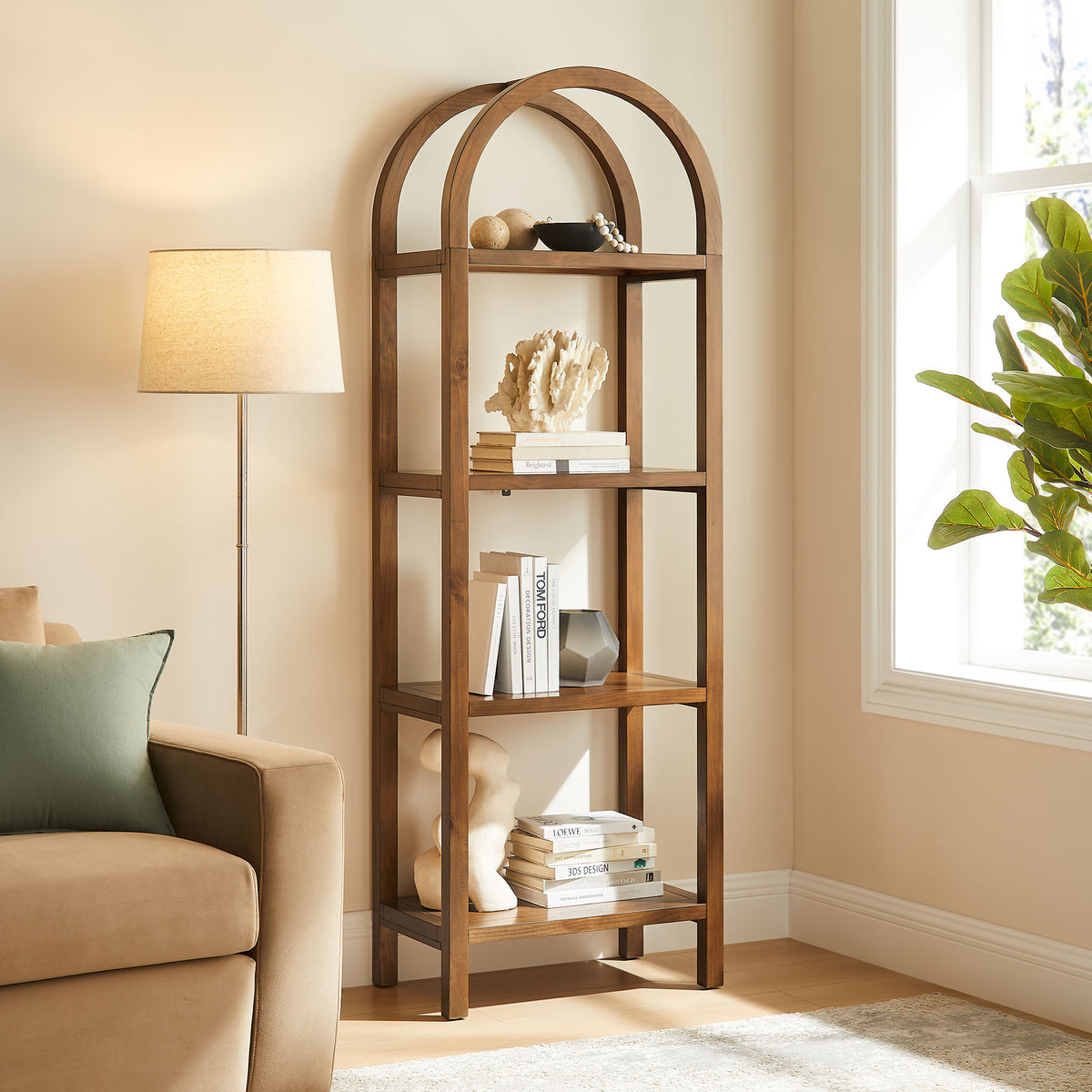 Vexley 72 Inch Tall Narrow Arched Bookshelf - Walnut