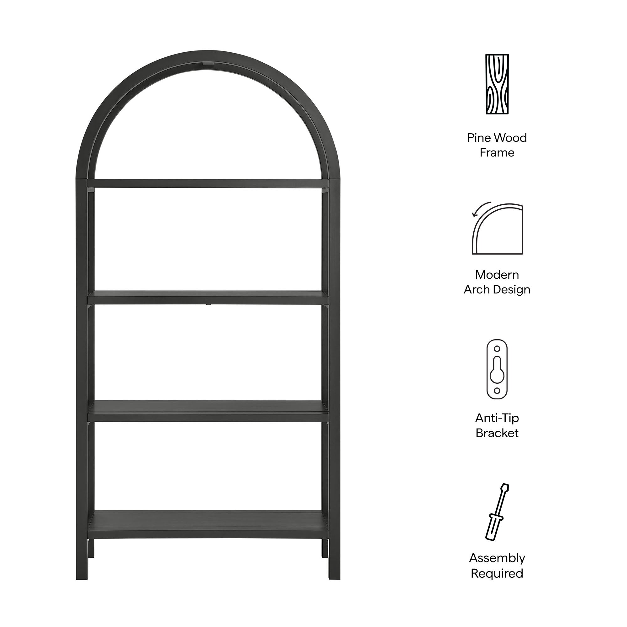 Vexley 72 Inch Large Arched Bookshelf - Black