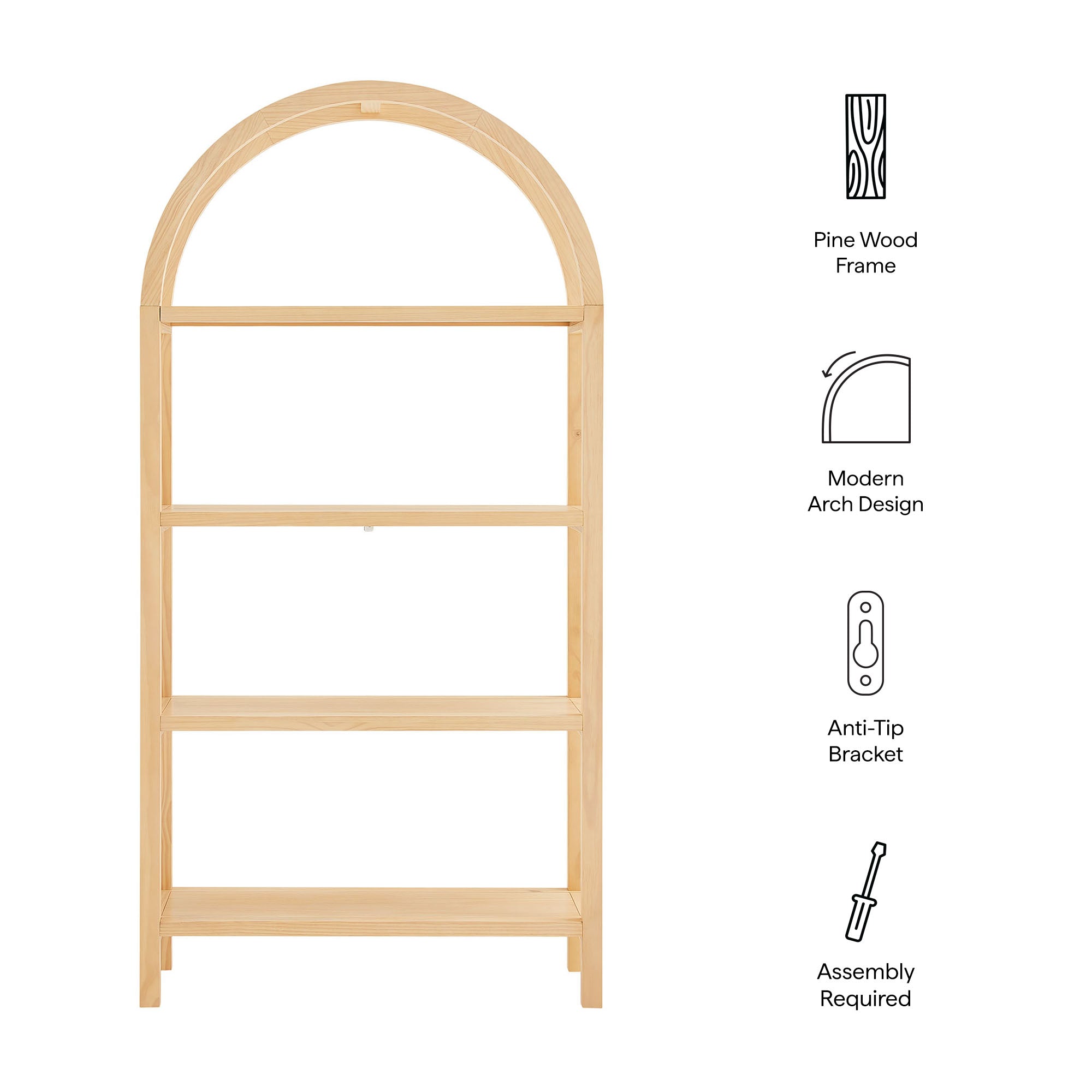 Vexley 72 Inch Large Arched Bookshelf - Natural