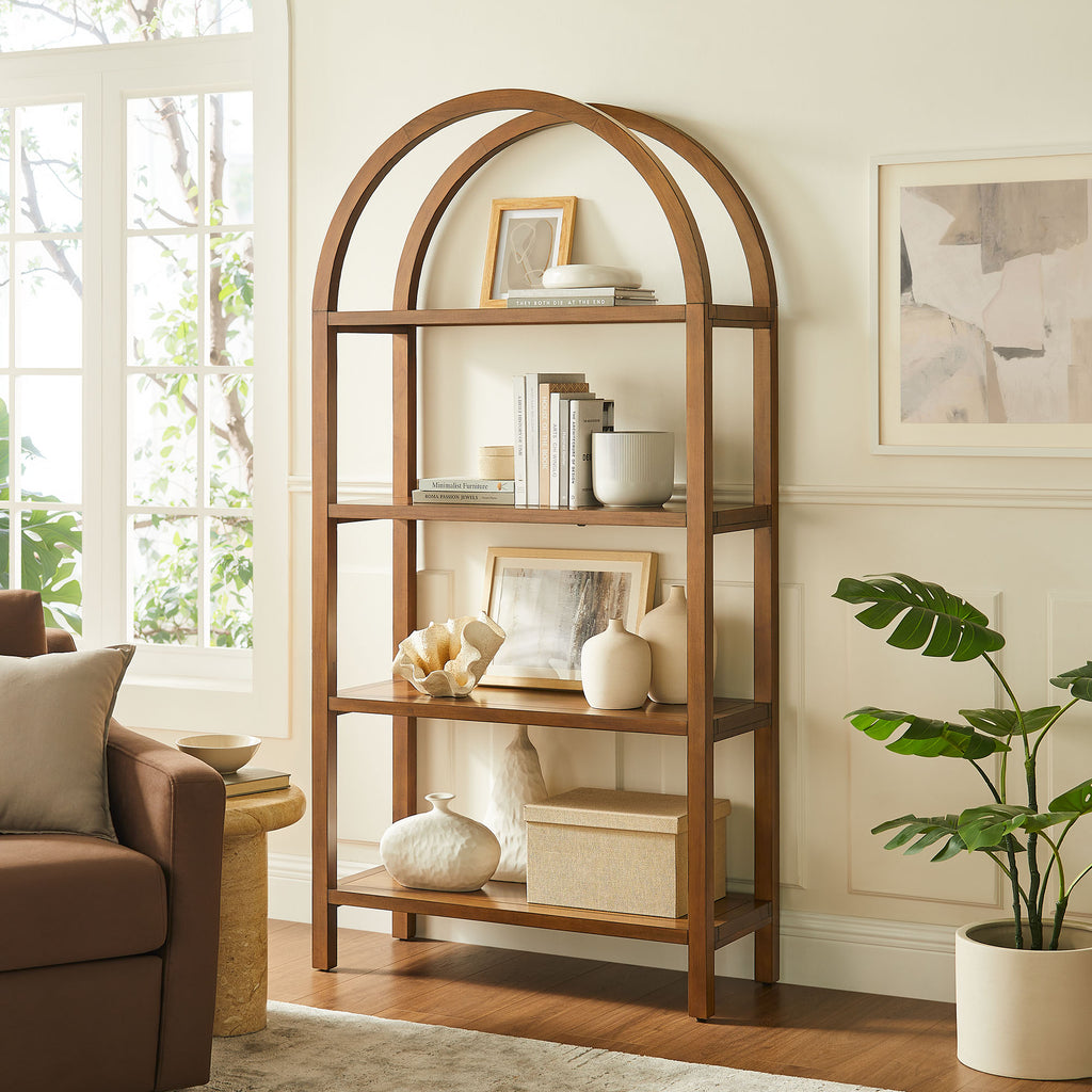 Vexley 72 Inch Large Arched Bookshelf - Walnut