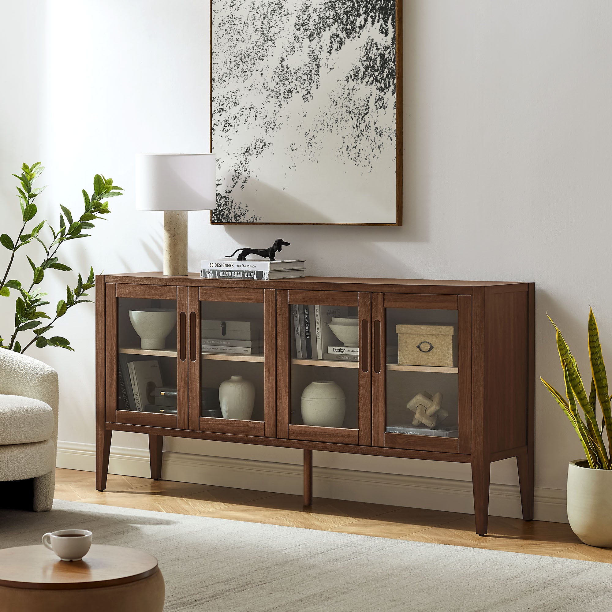 Nell 72" Glass Door Sideboard Storage Display Cabinet - Walnut
