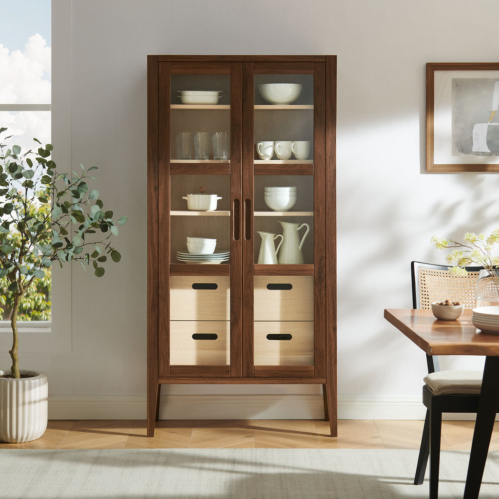 Nell 71" Glass Door Tall Display Storage Cabinet - Walnut