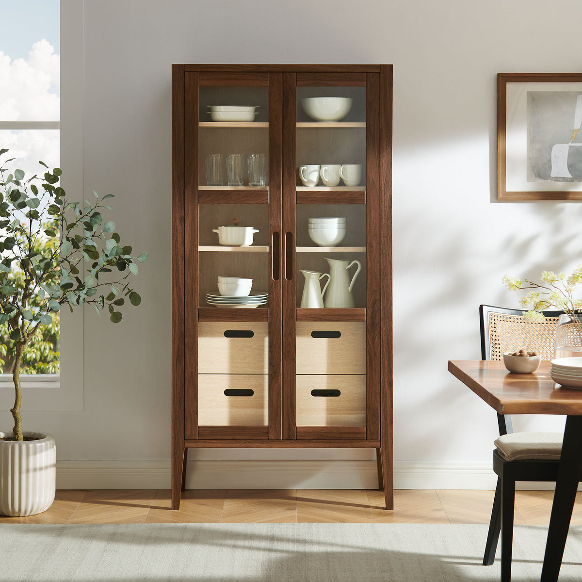 Nell 71" Glass Door Tall Display Storage Cabinet - Walnut
