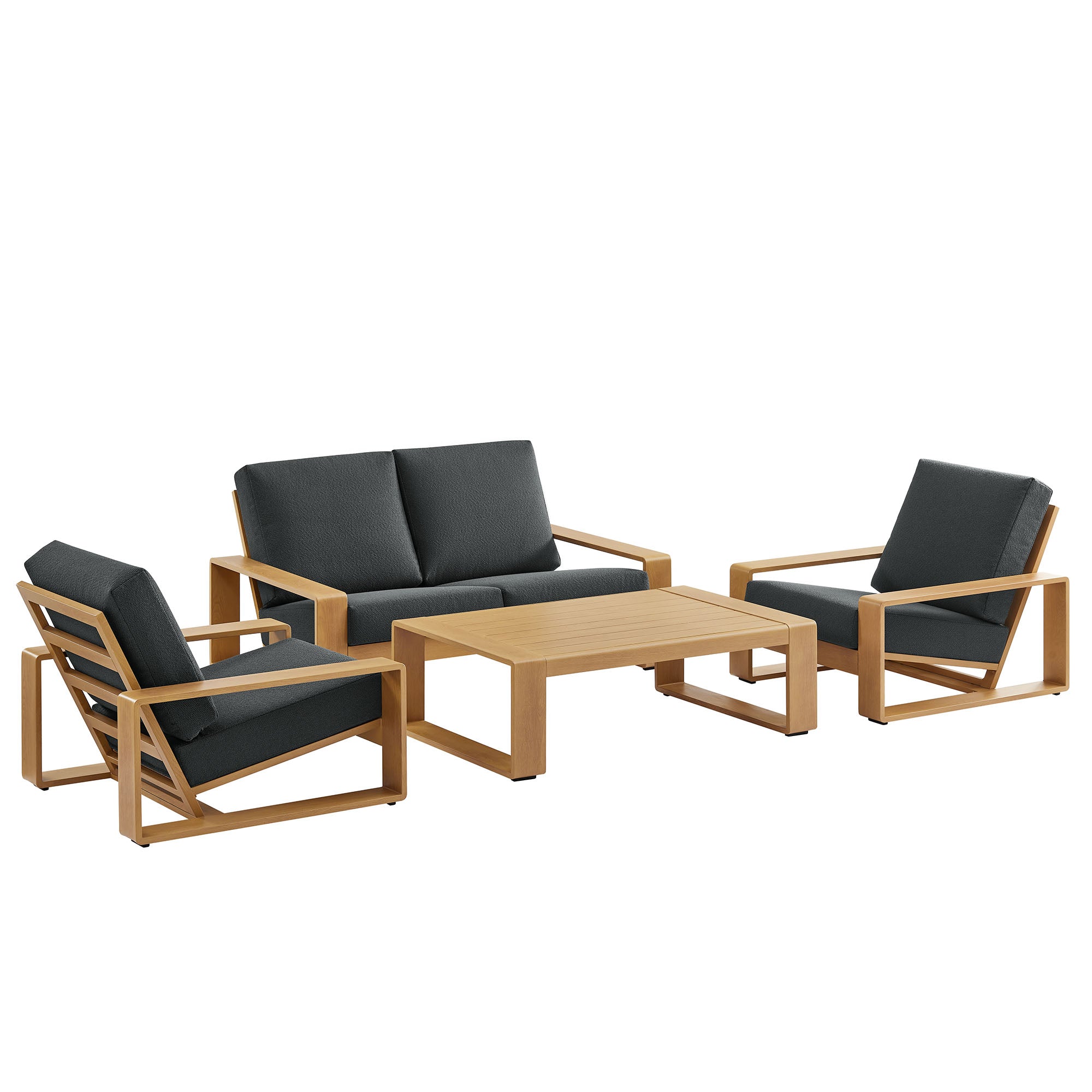Lirienne 4-Piece Outdoor Patio Aluminum Faux Wood Furniture Set - Charcoal Natural (2 Armchairs, Loveseat, Coffee Table)