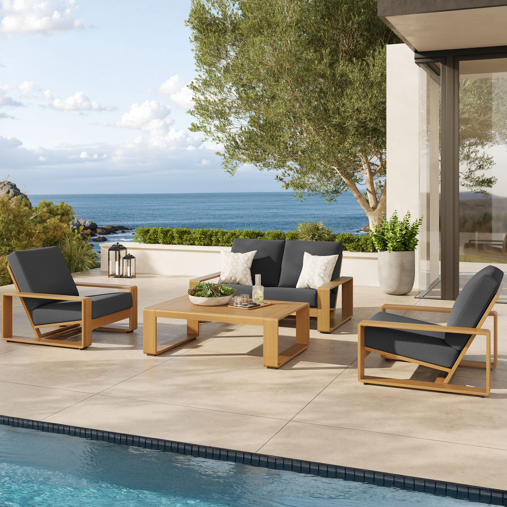 Lirienne 4-Piece Outdoor Patio Aluminum Faux Wood Furniture Set - Charcoal Natural (2 Armchairs, Loveseat, Coffee Table)