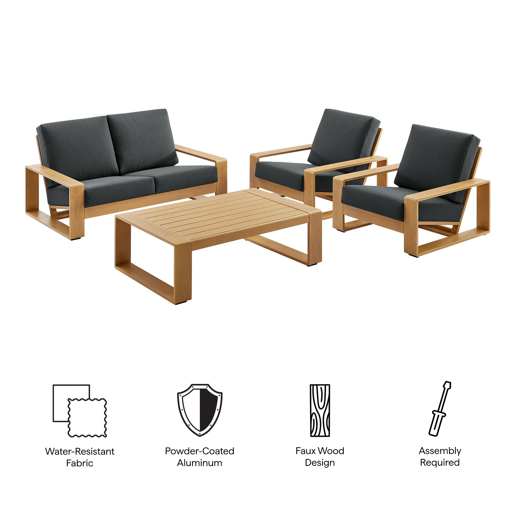 Lirienne 4-Piece Outdoor Patio Aluminum Faux Wood Furniture Set - Charcoal Natural (2 Armchairs, Loveseat, Coffee Table)