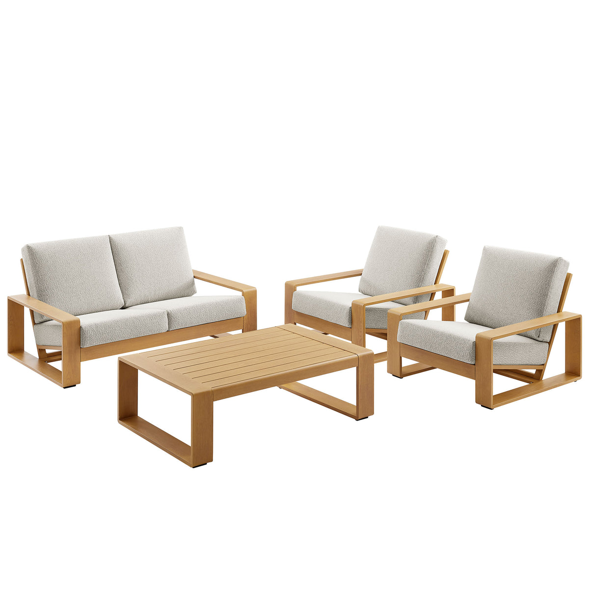Lirienne 4-Piece Outdoor Patio Aluminum Faux Wood Furniture Set - Ivory Natural (2 Armchairs, Loveseat, Coffee Table)