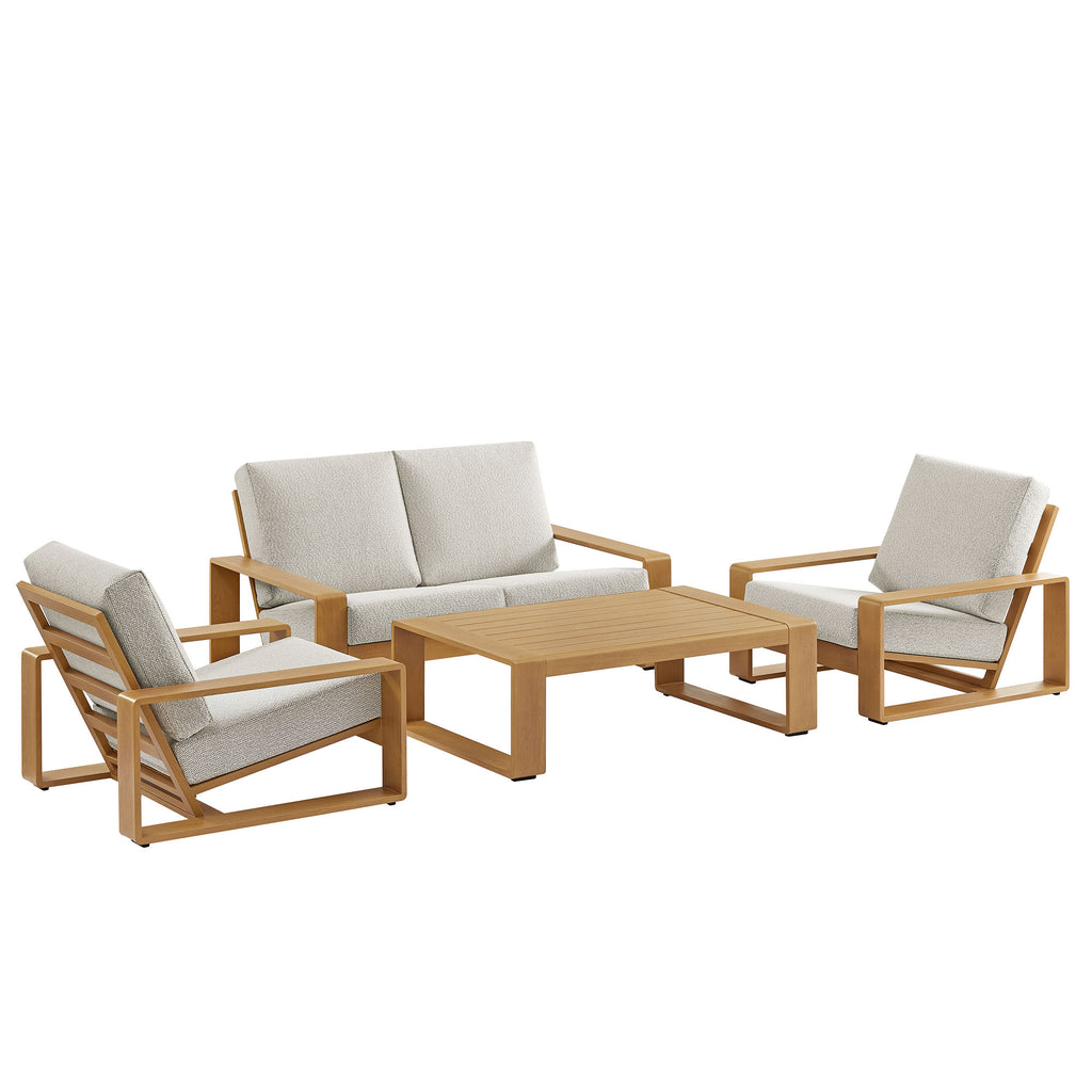 Lirienne 4-Piece Outdoor Patio Aluminum Faux Wood Furniture Set - Ivory Natural (2 Armchairs, Loveseat, Coffee Table)
