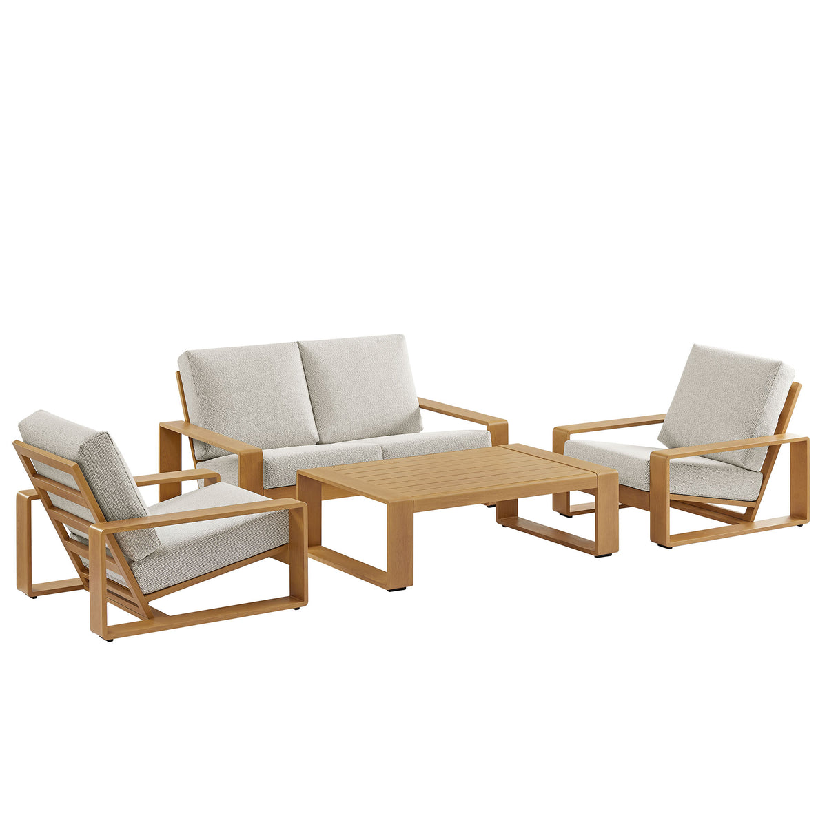 Lirienne 4-Piece Outdoor Patio Aluminum Faux Wood Furniture Set - Ivory Natural (2 Armchairs, Loveseat, Coffee Table)
