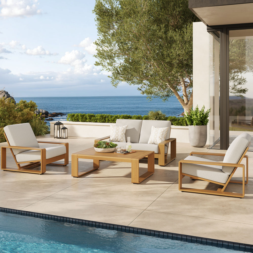 Lirienne 4-Piece Outdoor Patio Aluminum Faux Wood Furniture Set - Ivory Natural (2 Armchairs, Loveseat, Coffee Table)