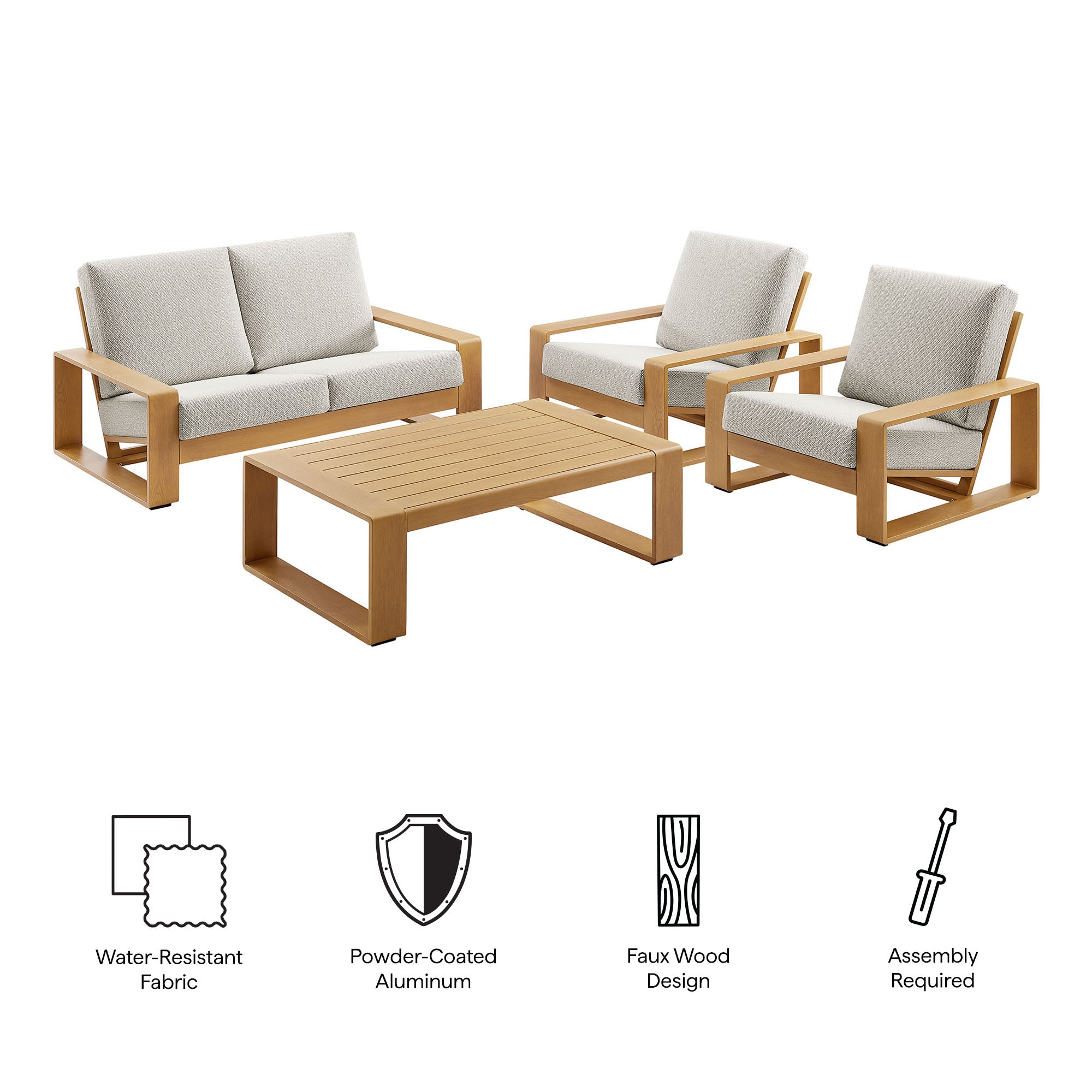Lirienne 4-Piece Outdoor Patio Aluminum Faux Wood Furniture Set - Ivory Natural (2 Armchairs, Loveseat, Coffee Table)
