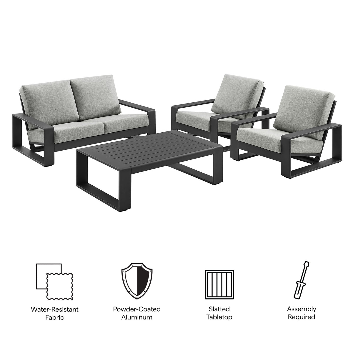 Lirienne 4-Piece Outdoor Patio Aluminum Furniture Set - Light Gray (2 Armchairs, Loveseat, Coffee Table)