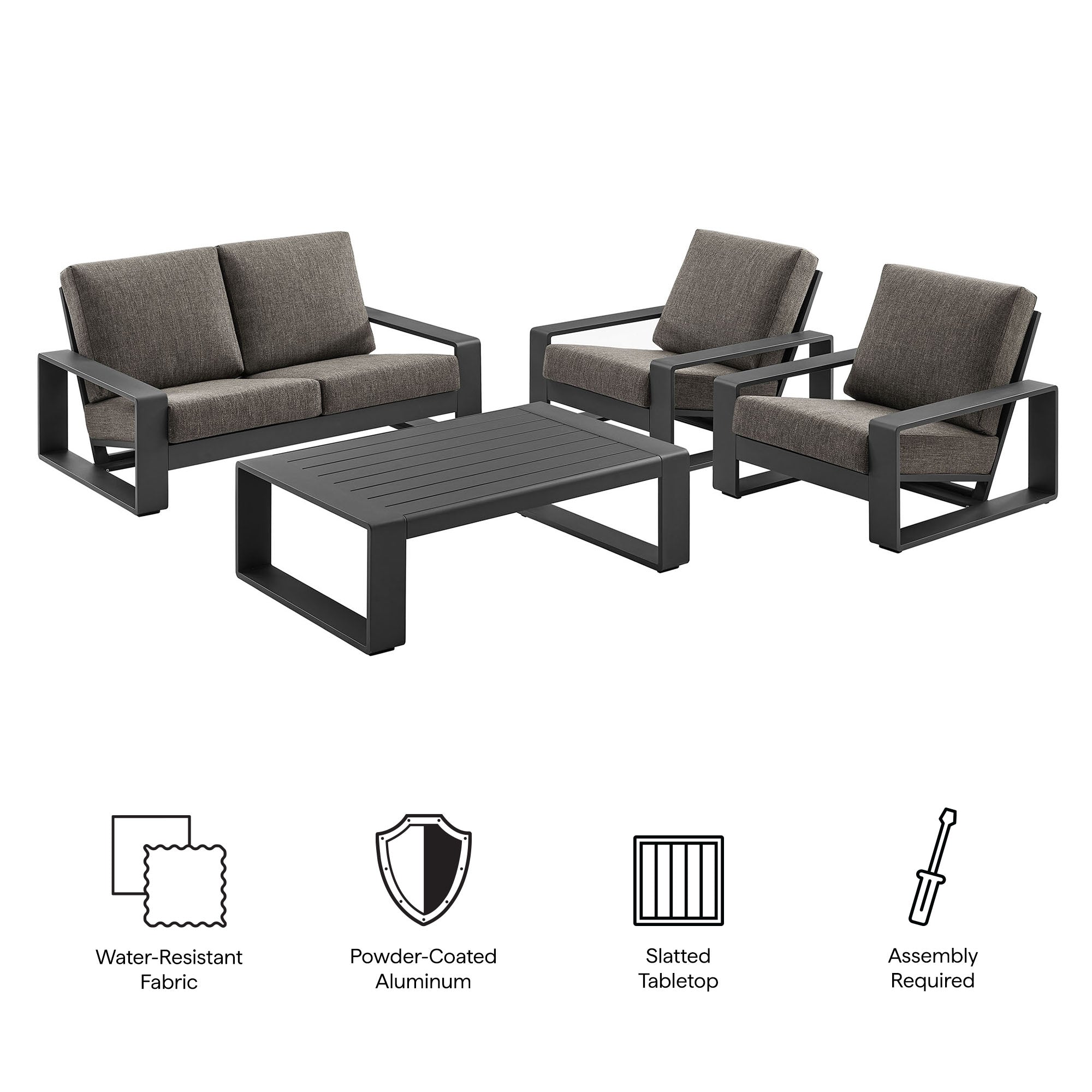 Lirienne 4-Piece Outdoor Patio Aluminum Furniture Set - Smoke (2 Armchairs, Loveseat, Coffee Table)