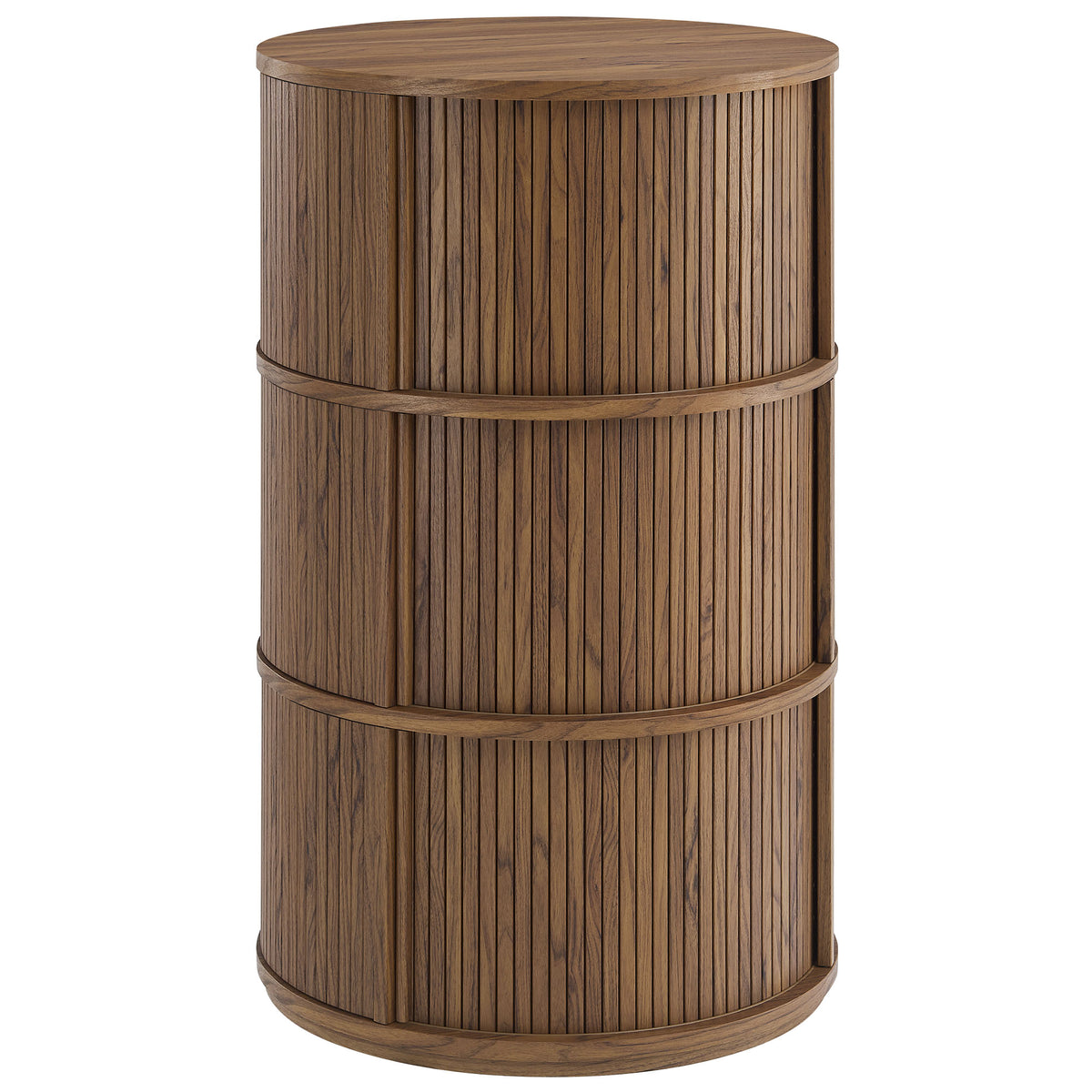 Clement Round Pedestal Stand Storage Table With Sliding Tambour Doors - Walnut
