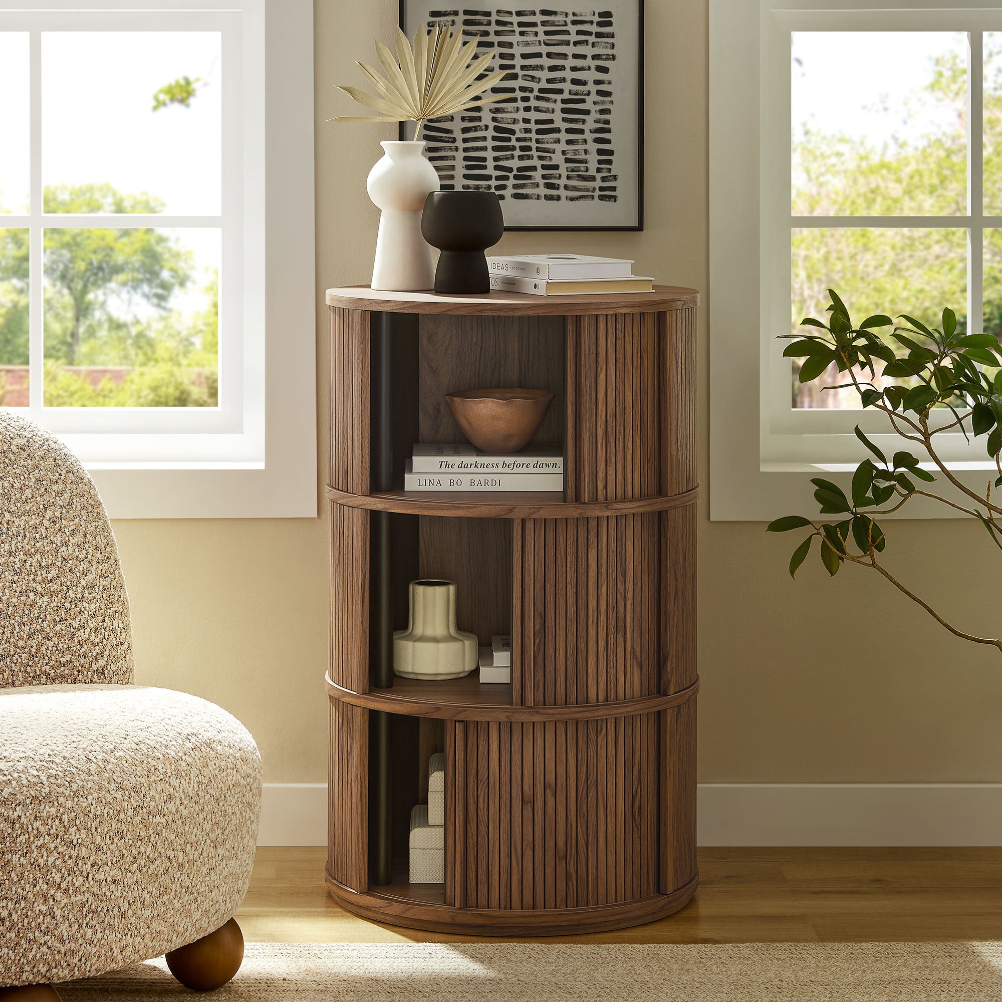 Clement Round Pedestal Stand Storage Table With Sliding Tambour Doors - Walnut