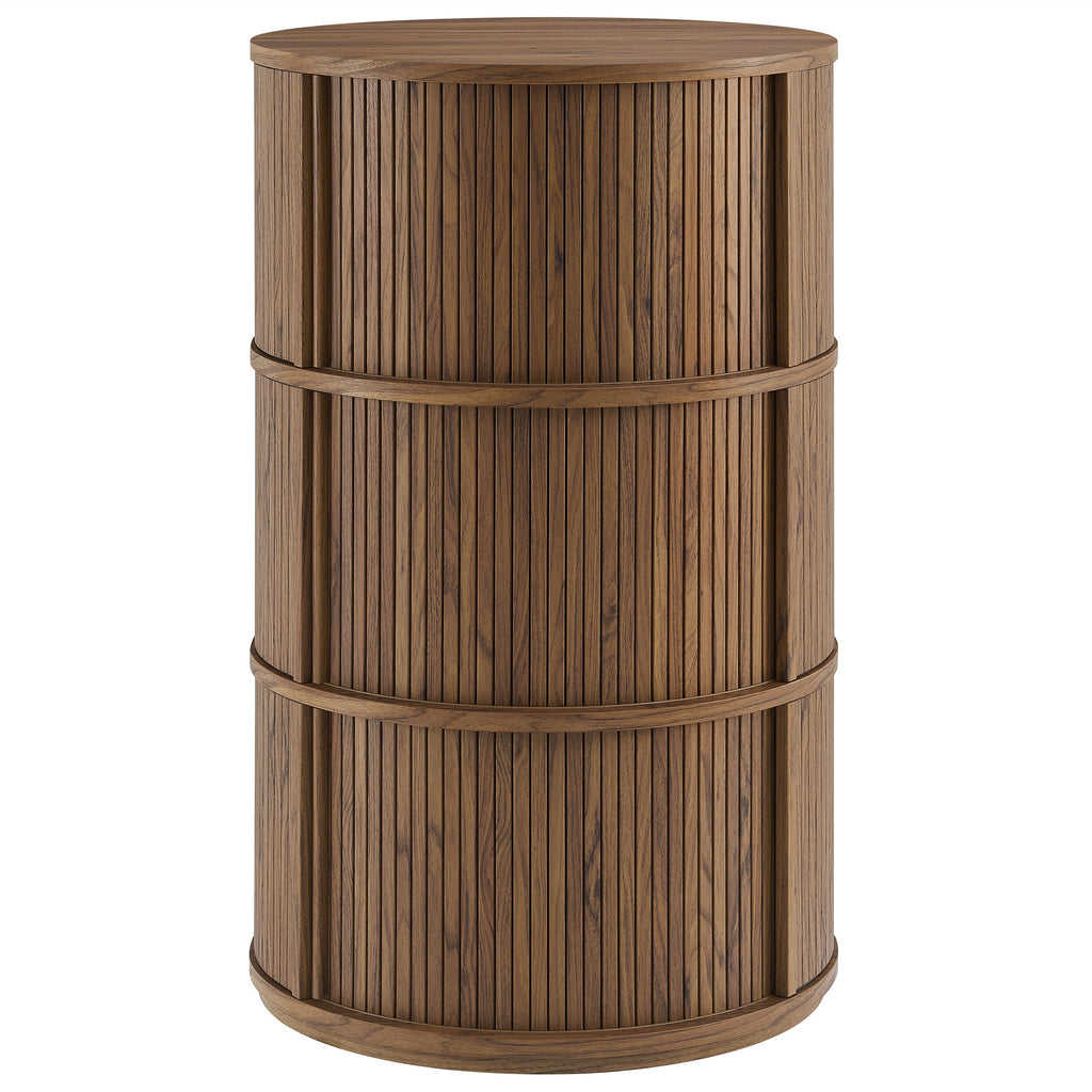 Clement Round Pedestal Stand Storage Table With Sliding Tambour Doors - Walnut