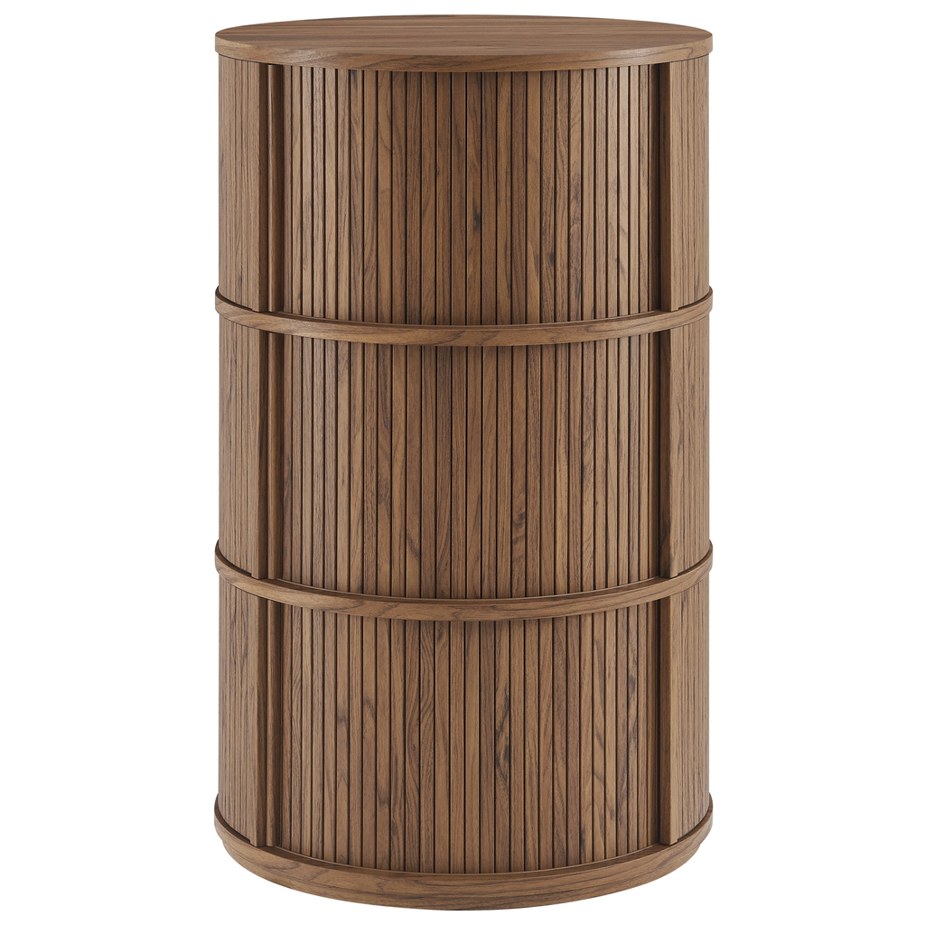 Clement Round Pedestal Stand Storage Table With Sliding Tambour Doors - Walnut