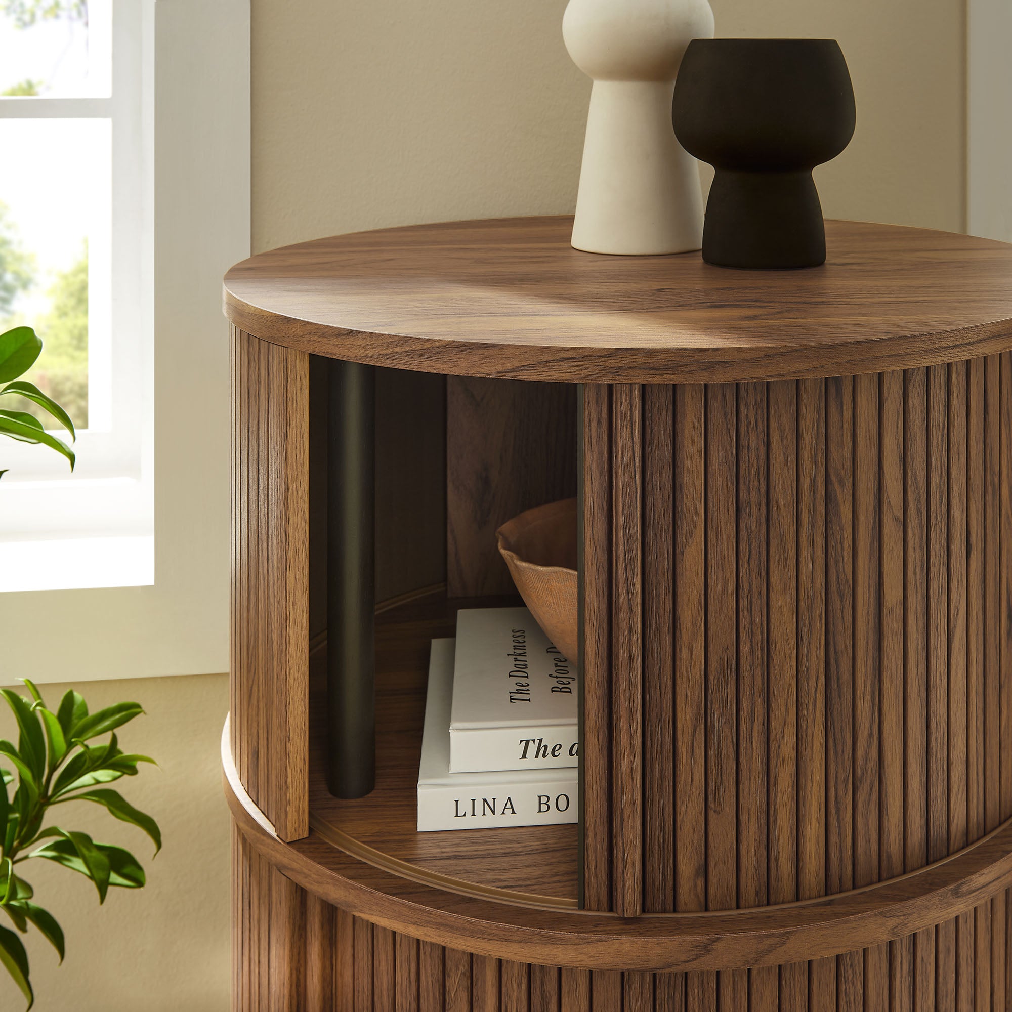 Clement Round Pedestal Stand Storage Table With Sliding Tambour Doors - Walnut