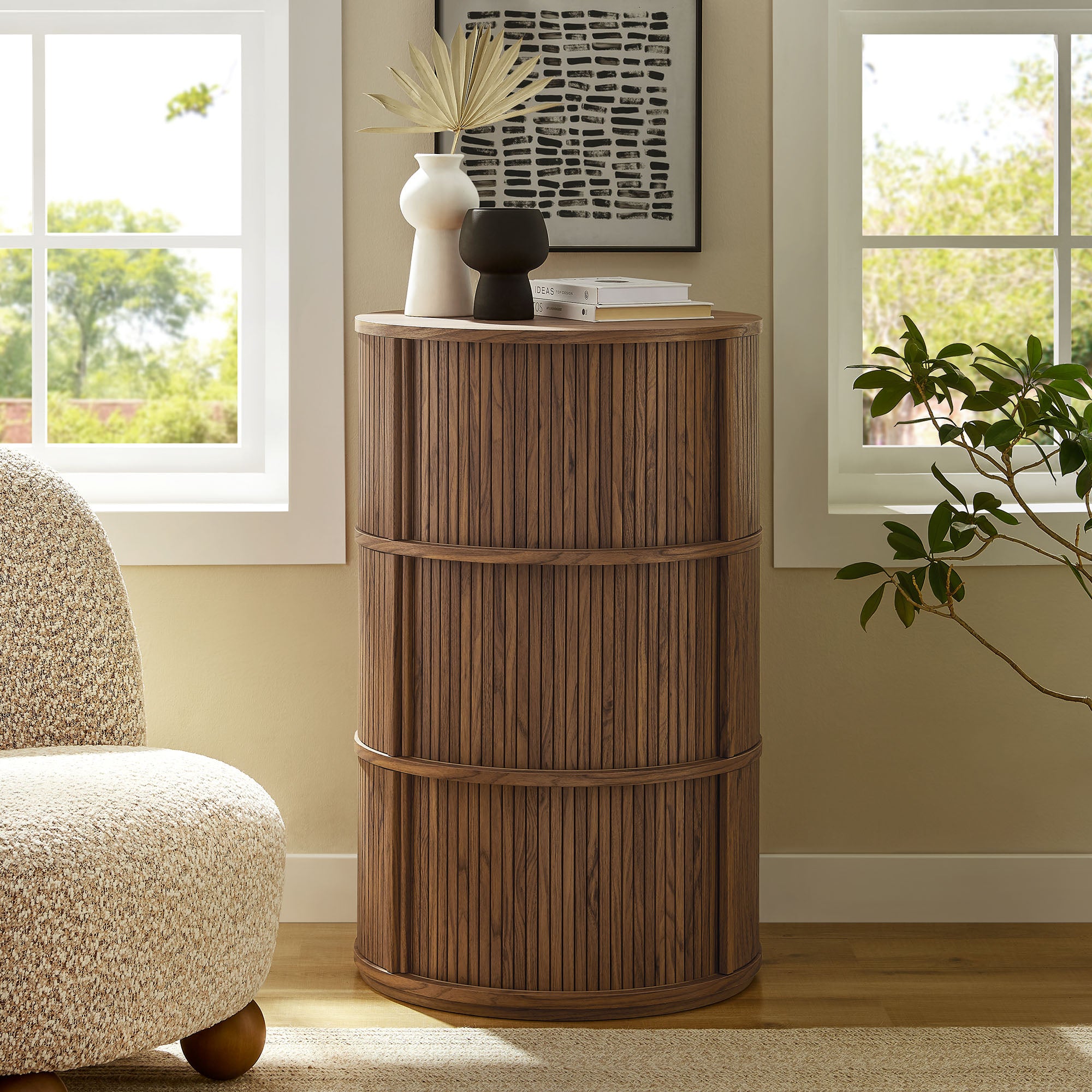 Clement Round Pedestal Stand Storage Table With Sliding Tambour Doors - Walnut
