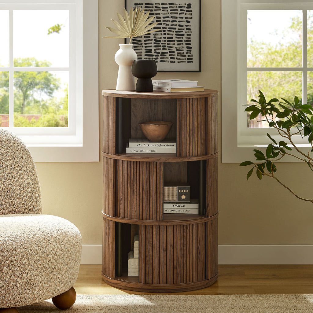 Clement Round Pedestal Stand Storage Table With Sliding Tambour Doors - Walnut