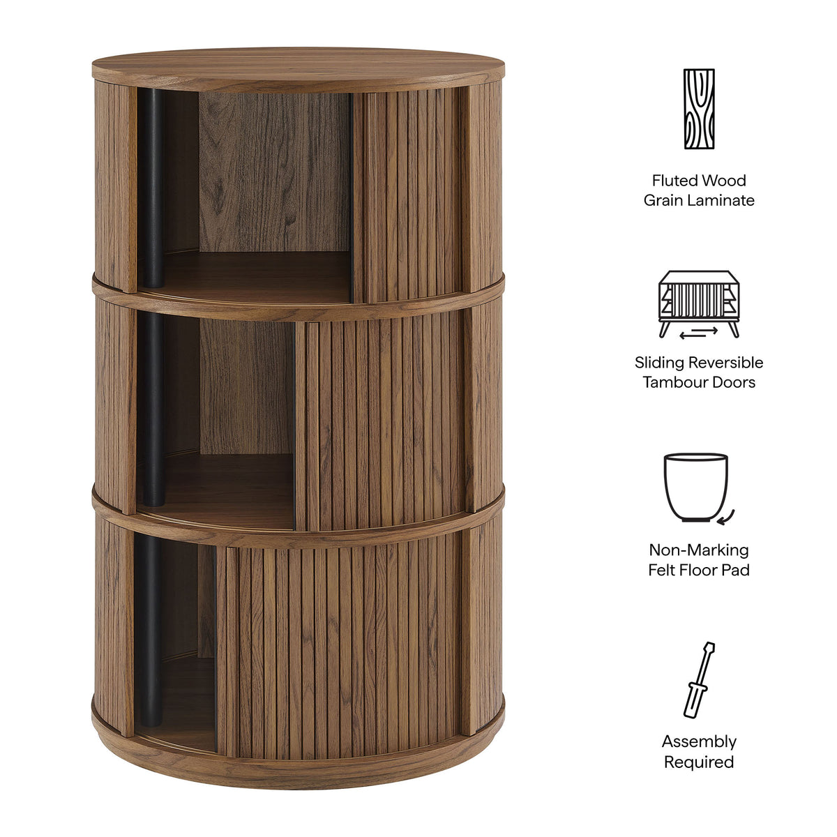 Clement Round Pedestal Stand Storage Table With Sliding Tambour Doors - Walnut