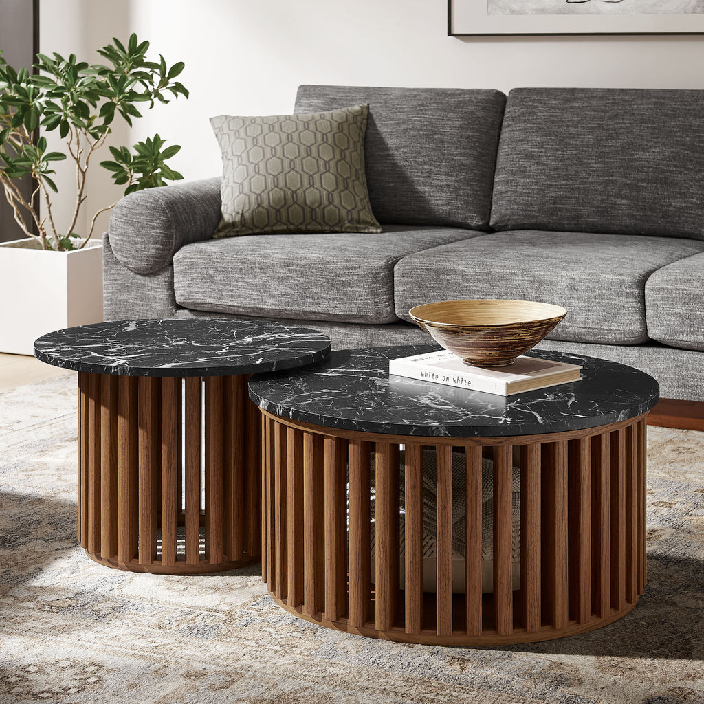 Fortitude Round Faux Marble Top Nesting Coffee Table - Walnut Black