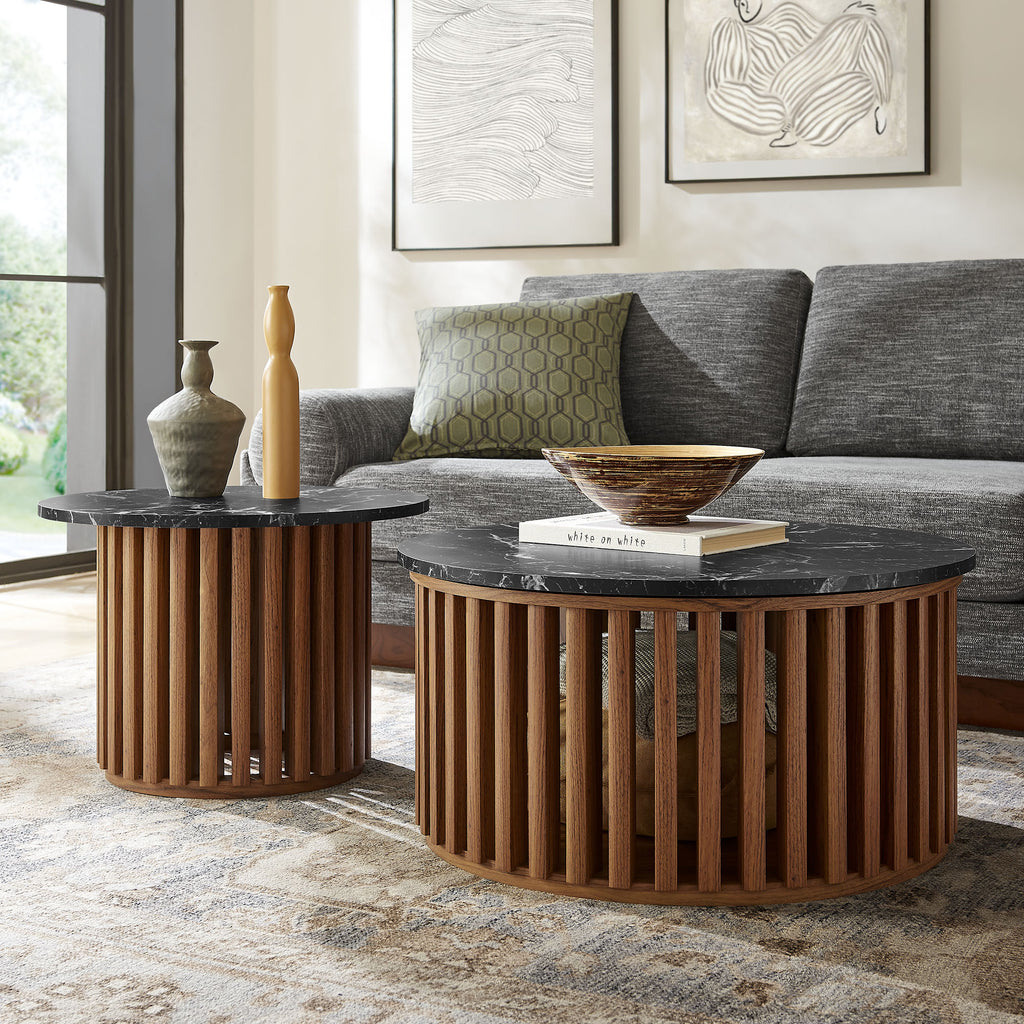 Fortitude Round Faux Marble Top Nesting Coffee Table - Walnut Black