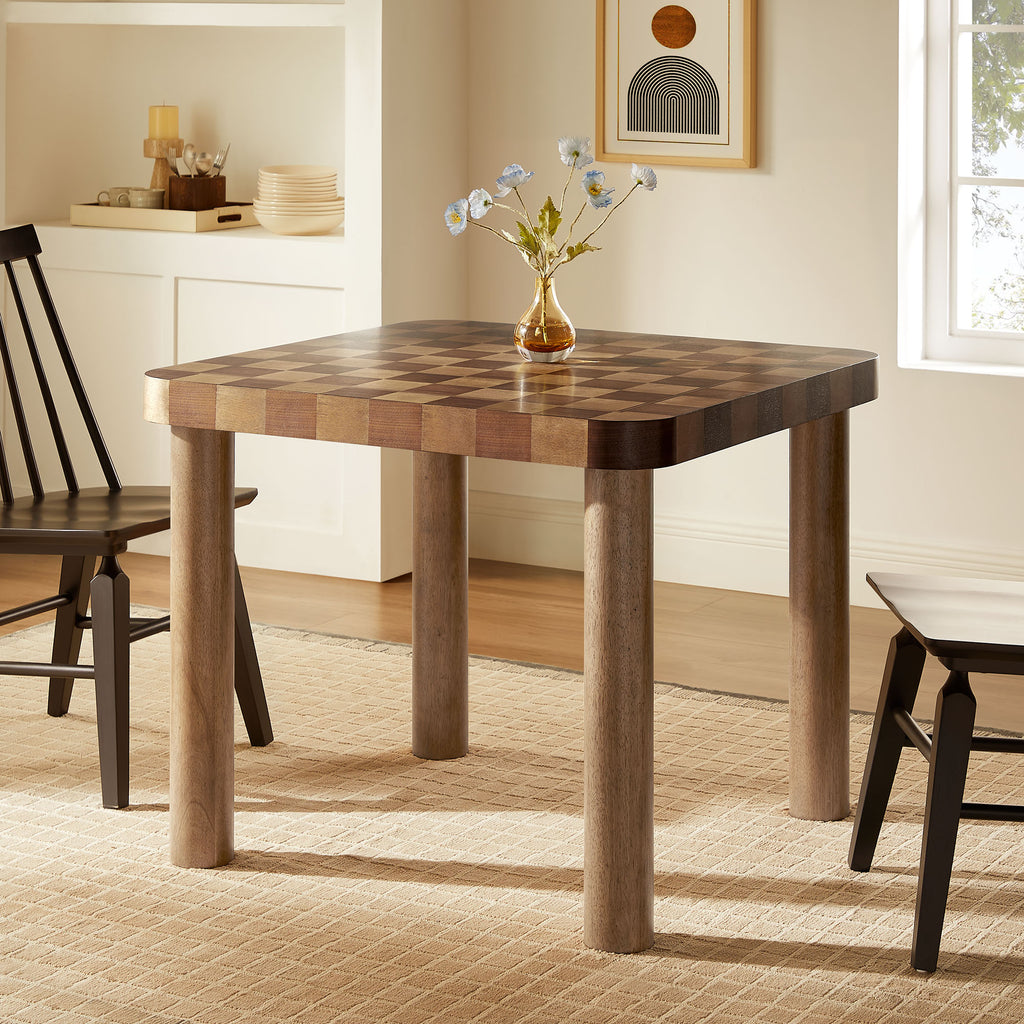 Oscar 36 Inch Square Checkered Dining Table - Walnut and Dark Walnut