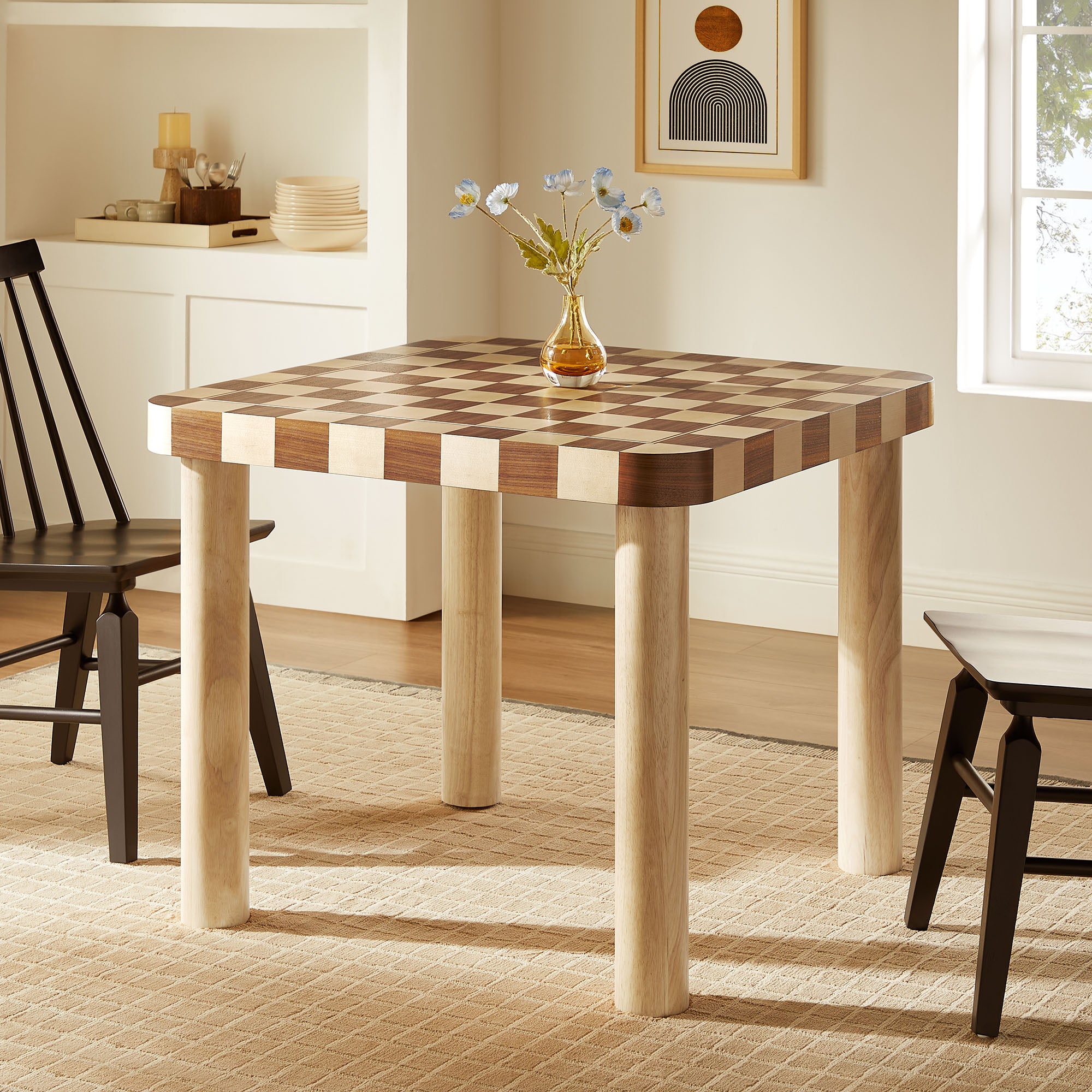 Oscar 36 Inch Square Checkered Dining Table - Oak and Walnut