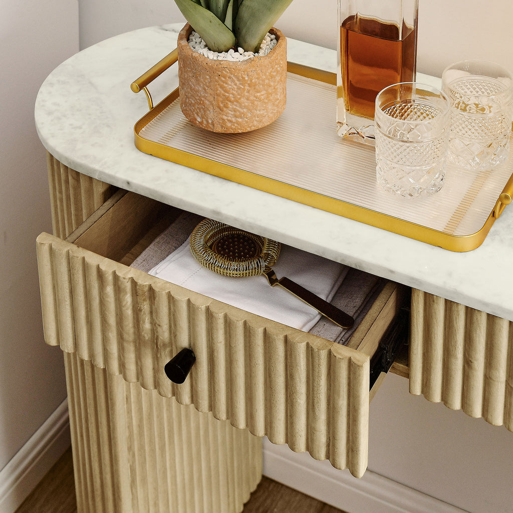 Caldera 42" Curved Solid Wood and Marble Console Table - Natural