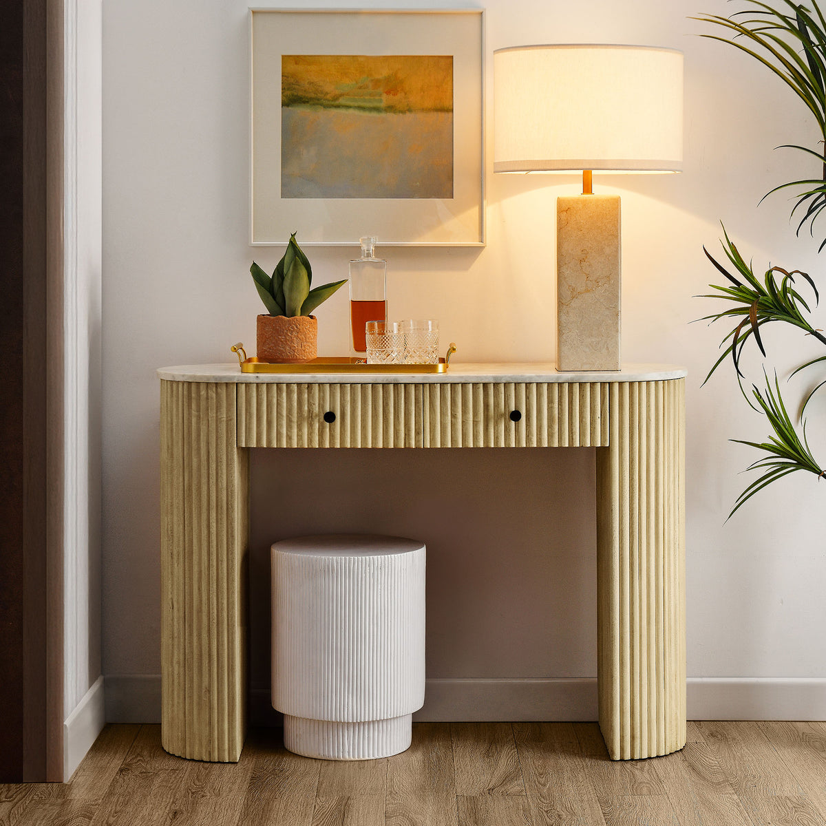 Caldera 42" Curved Solid Wood and Marble Console Table - Natural