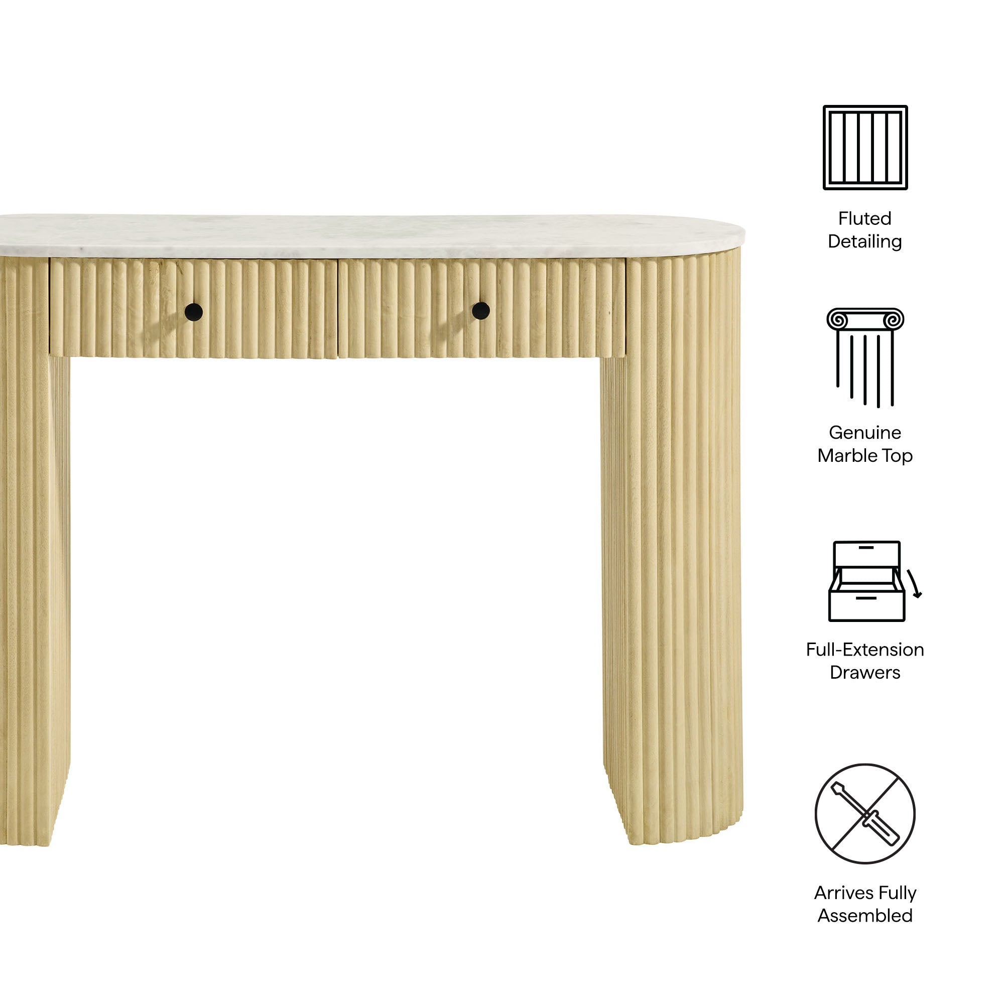Caldera 42" Curved Solid Wood and Marble Console Table - Natural