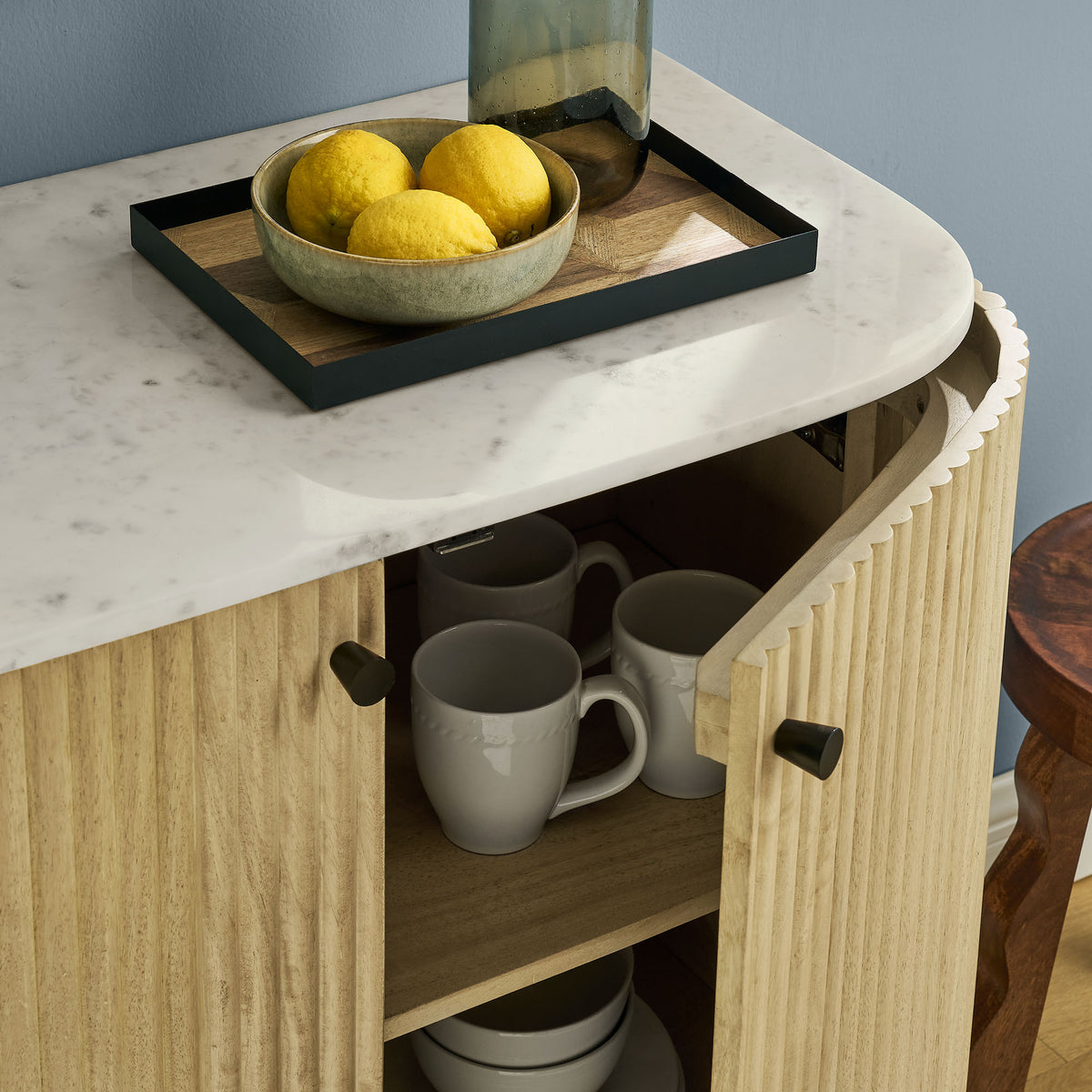 Caldera 33" Curved Solid Wood and Marble Accent Storage Cabinet - Natural